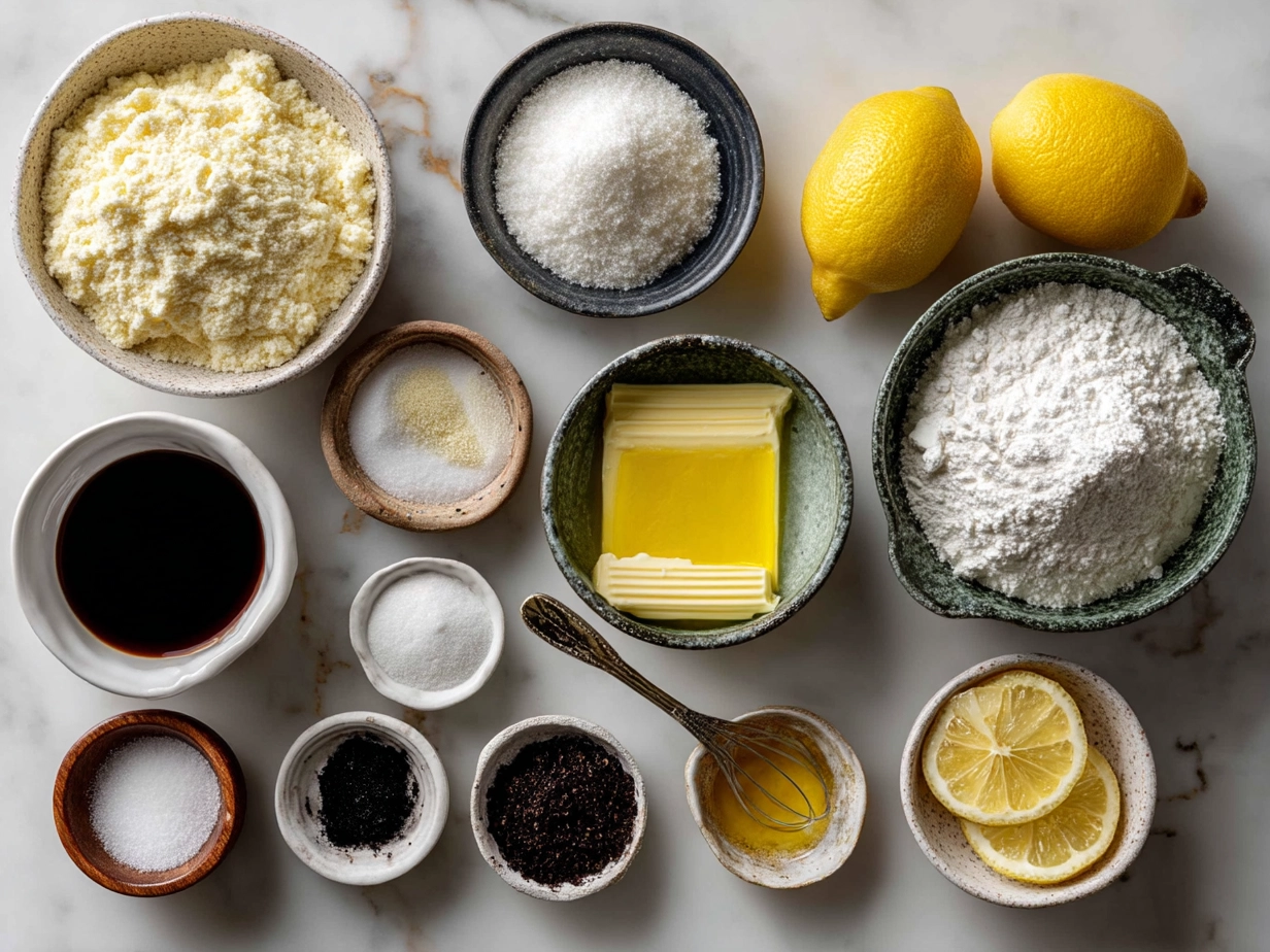 Ingredients for Lemon Custard Cake including flour, eggs, lemon juice, and butter