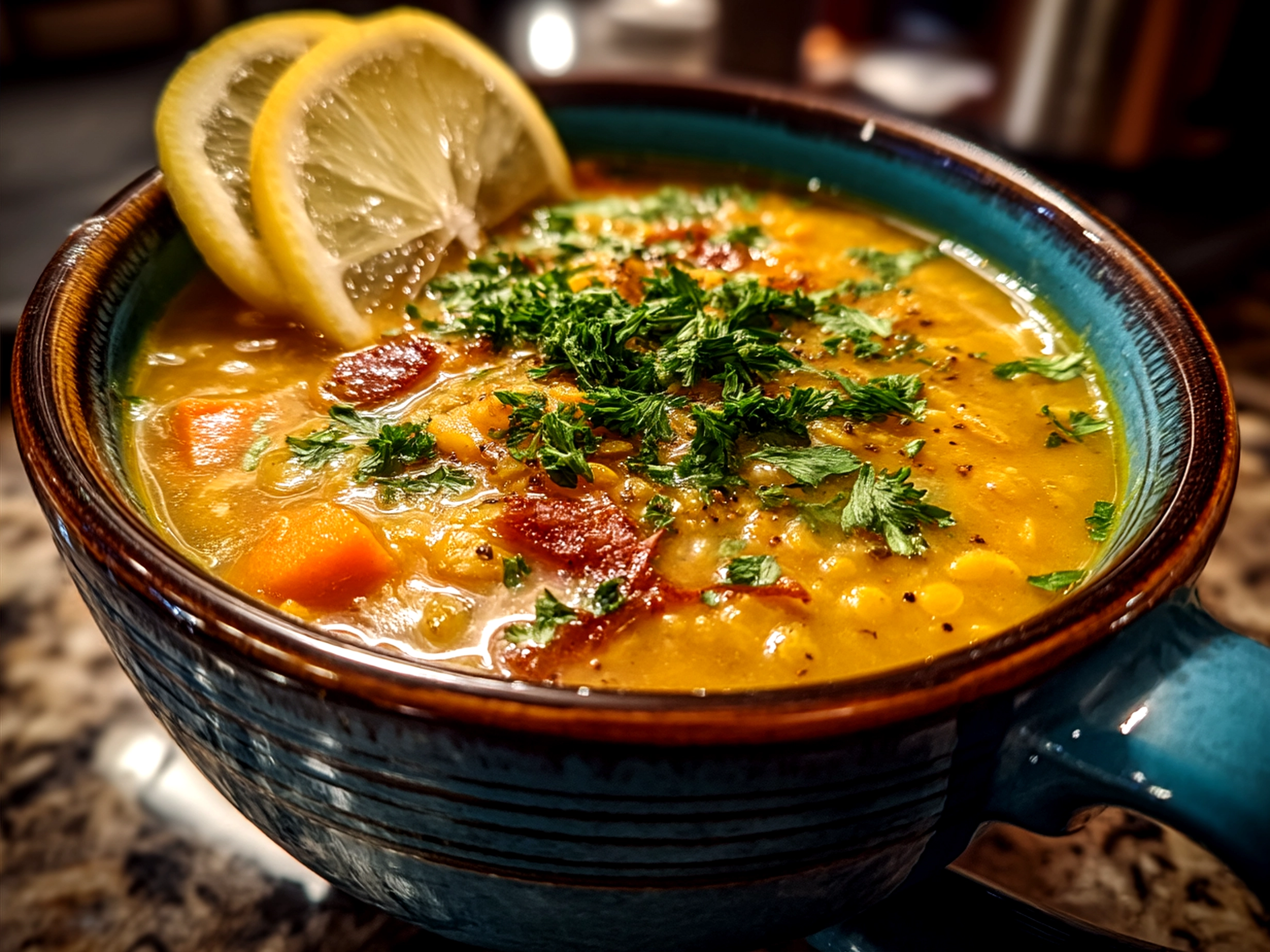 A bowl of fresh lemon lentil soup garnished with herbs and served with bread