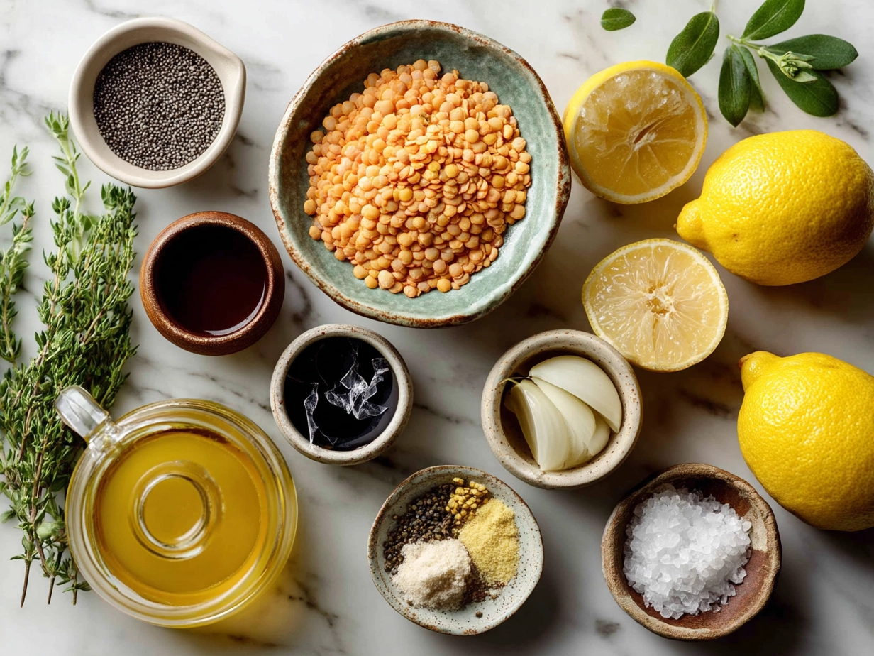 Ingredients for lemon lentil soup laid out on a surface