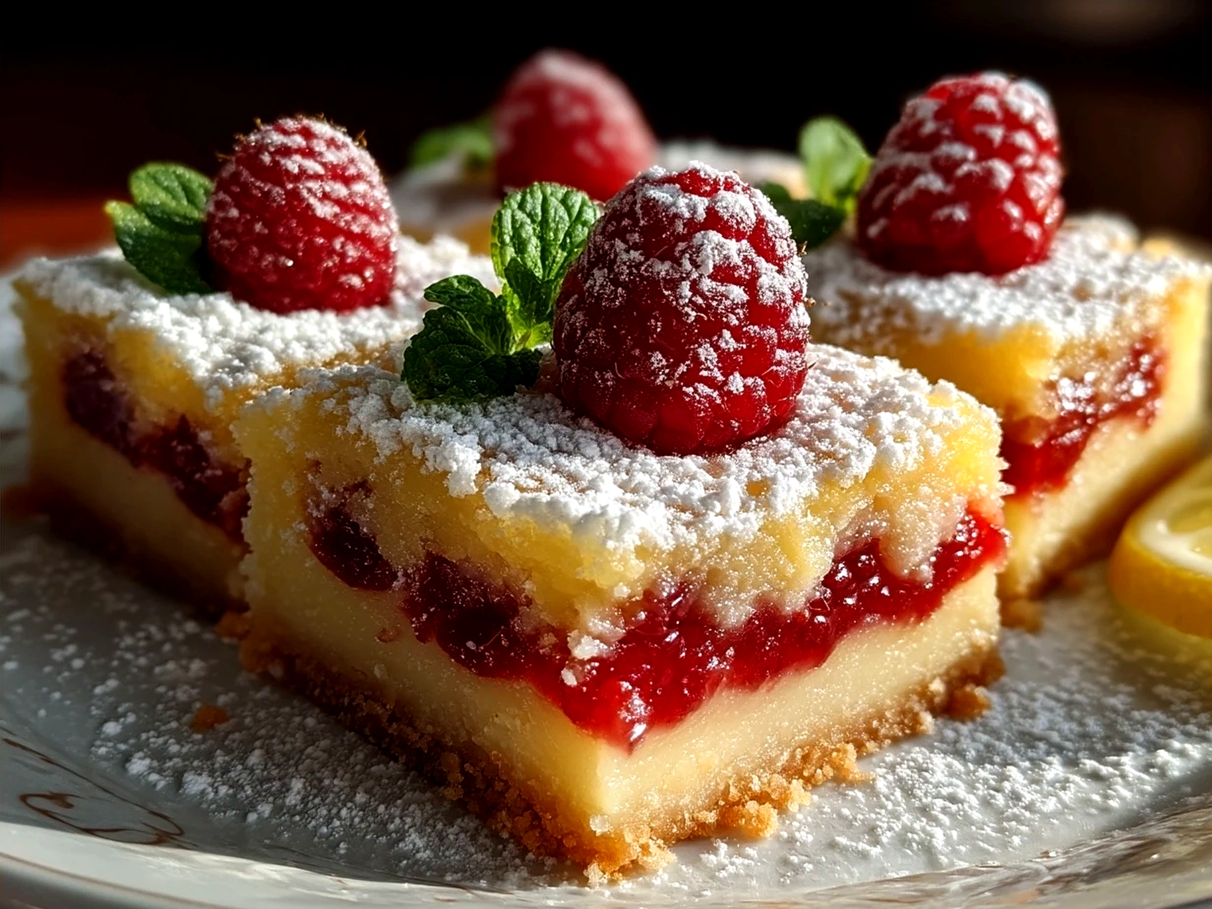 Freshly baked Lemon Raspberry Bars served on a plate