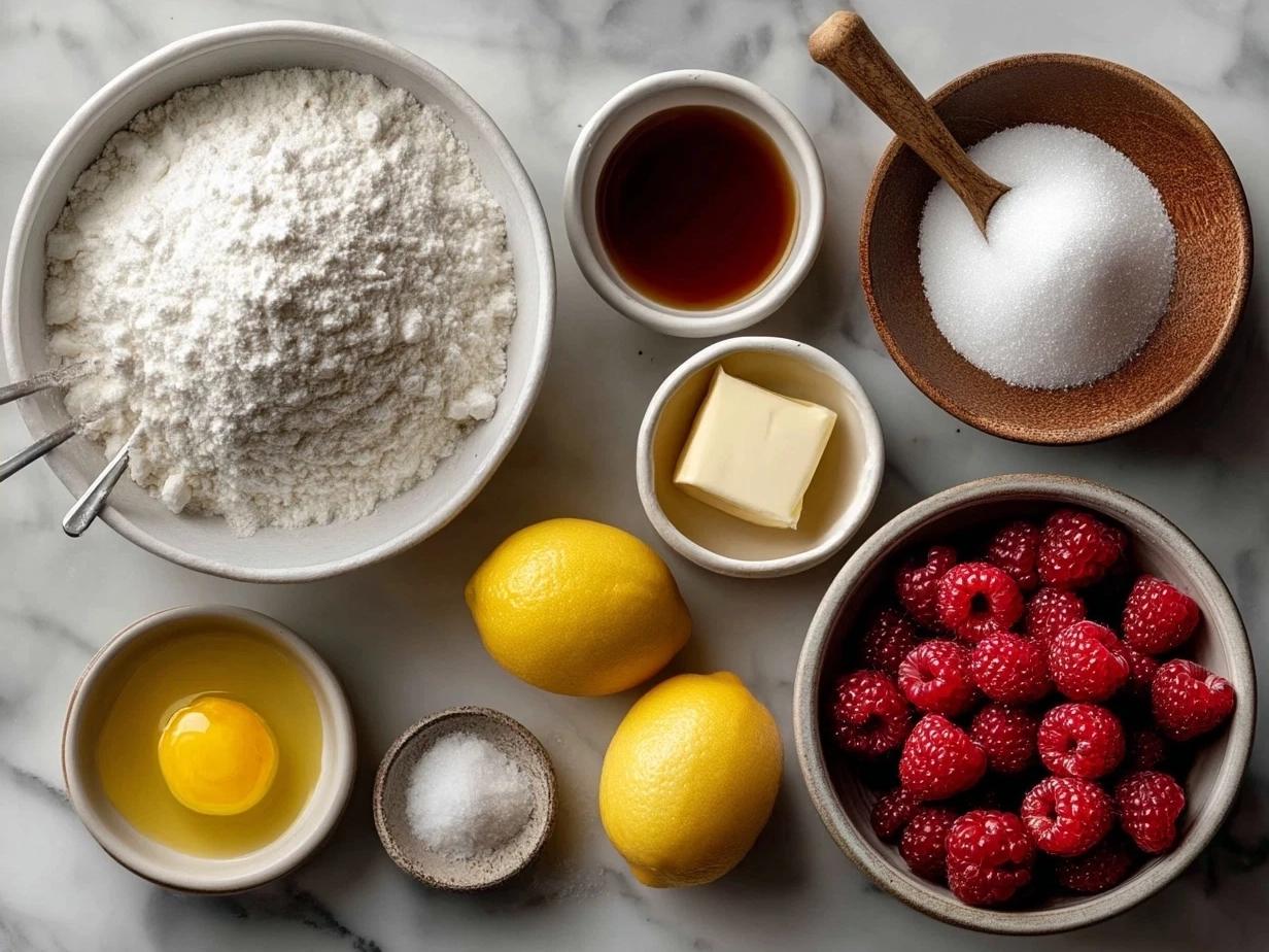 Ingredients for Lemon Raspberry Bars including butter, sugar, flour, lemons, raspberries, eggs
