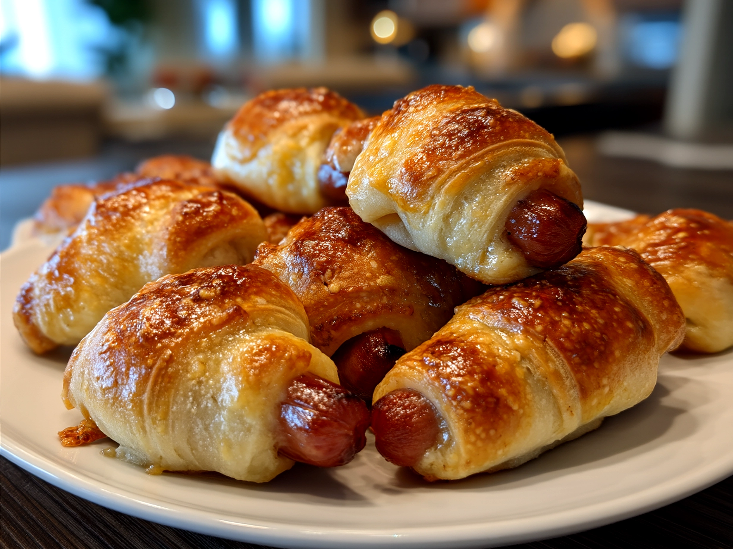 Serving plate of Little Smokies in Crescent Rolls with dipping sauce and veggie sticks