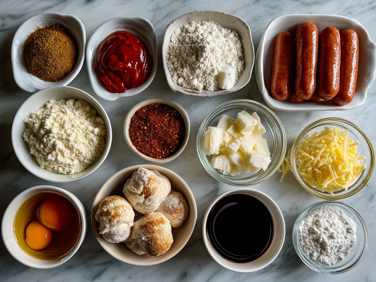 Ingredients for Little Smokies in Crescent Rolls including cocktail sausages, crescent roll dough, and spices