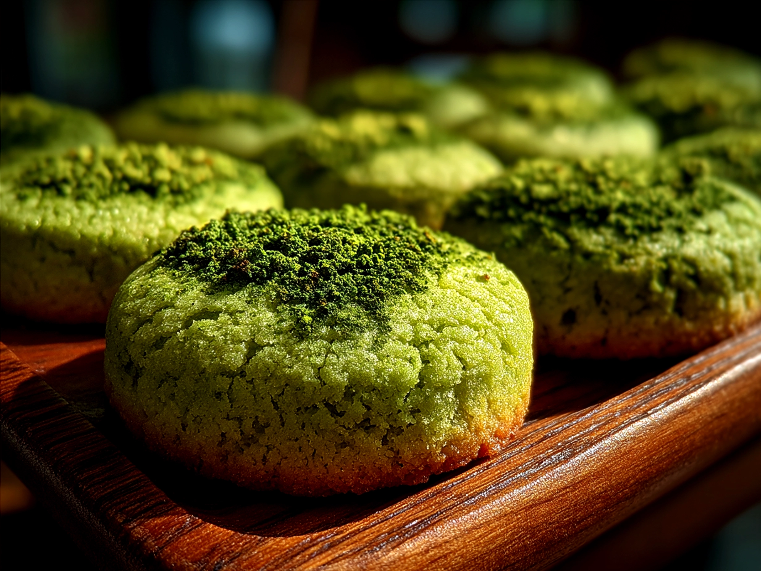 Freshly baked Matcha Latte Cookies served on a wooden platter with tea