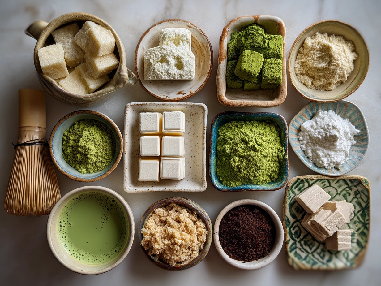 Ingredients for Matcha Latte Cookies including butter, sugar, egg, vanilla extract, flour, matcha powder, baking powder, and salt