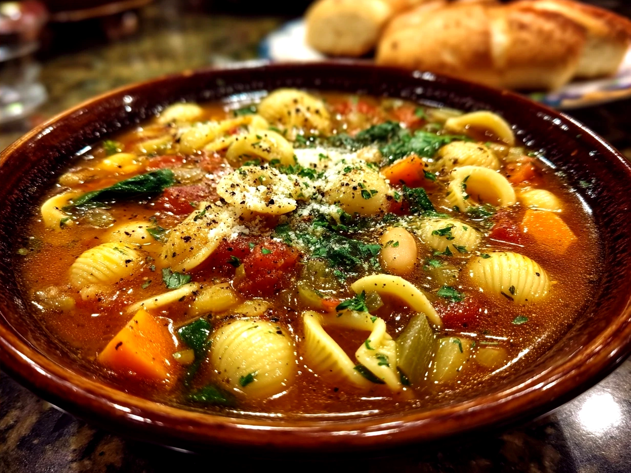 A bowl of hearty minestrone soup served with fresh parsley and crusty bread
