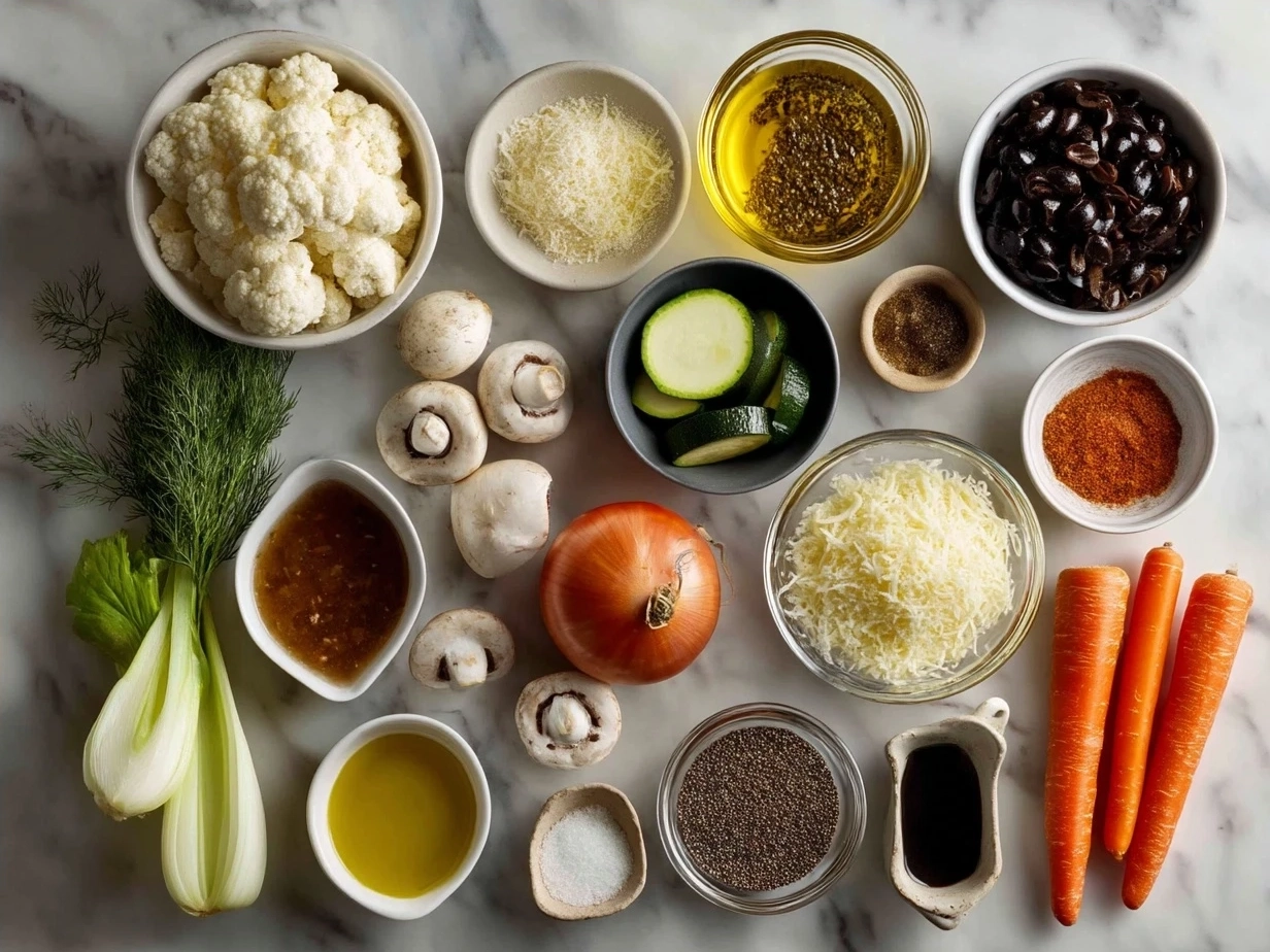 Fresh ingredients laid out for making minestrone soup including vegetables, beans, and herbs