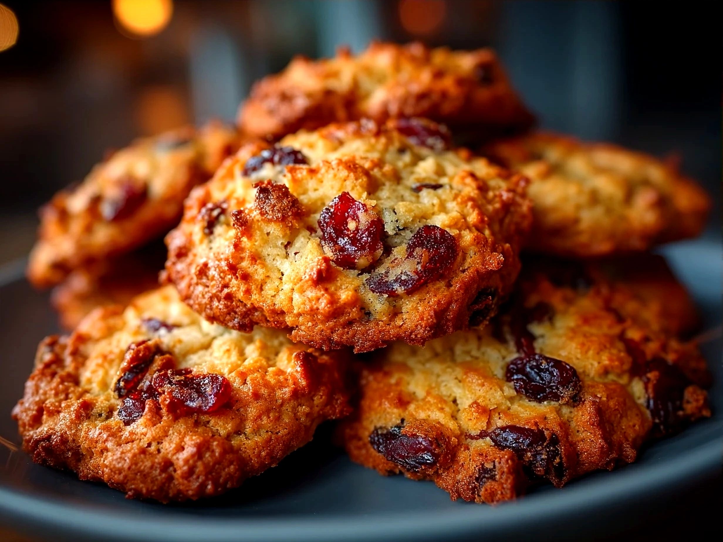 A plate of freshly baked Oatmeal Cranberry Pecan Cookies ready to serve with warm beverages