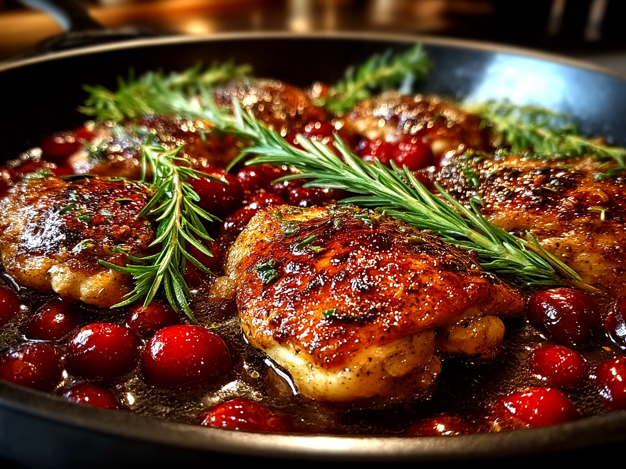 Served One-Pan Cranberry Rosemary Chicken on a plate with rosemary garnish and cranberries