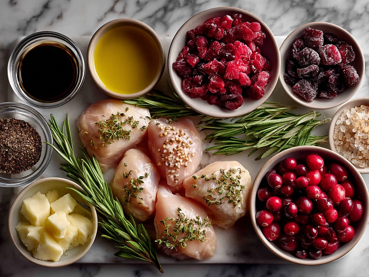Ingredients for One-Pan Cranberry Rosemary Chicken including chicken thighs, fresh cranberries, rosemary, onion, and garlic