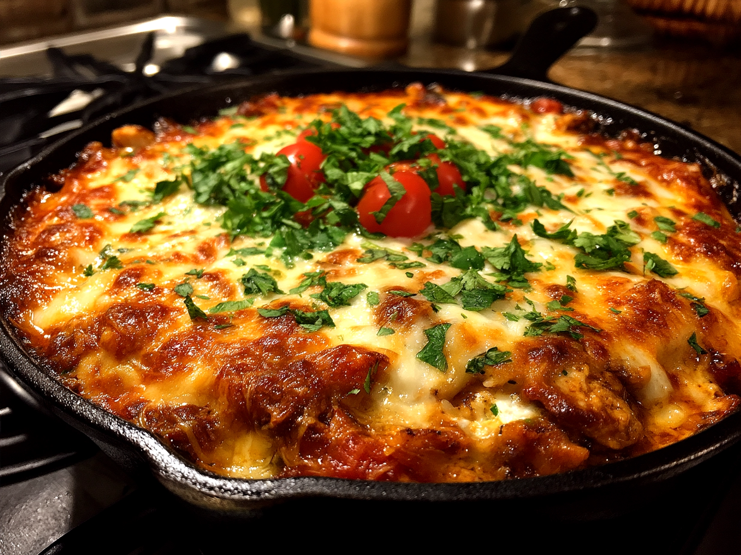 Final One Pot Low Carb Chicken Enchilada Skillet served with fresh cilantro garnish
