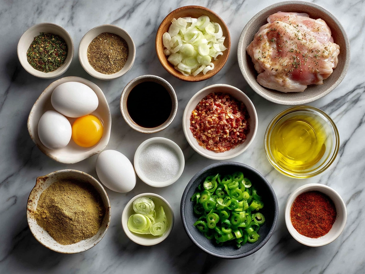 Ingredients for One Pot Low Carb Chicken Enchilada Skillet including shredded chicken, spices, cheese, and vegetables