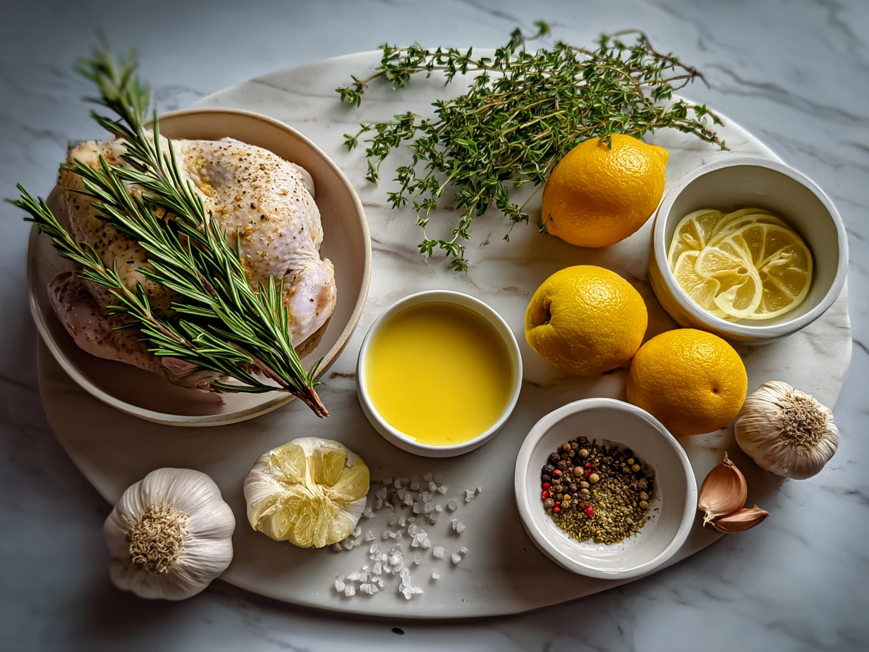 Ingredients for Orange Rosemary Roasted Chicken including whole chicken, orange, rosemary sprigs, garlic cloves, olive oil and spices