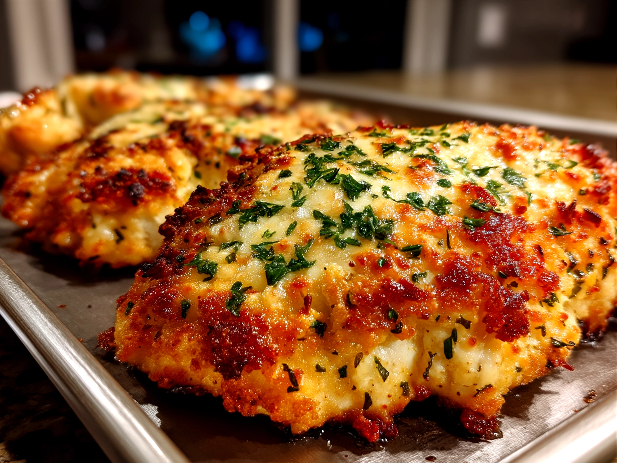 Served Parmesan Crusted Chicken Sheet Pan garnished with fresh parsley and lemon wedge