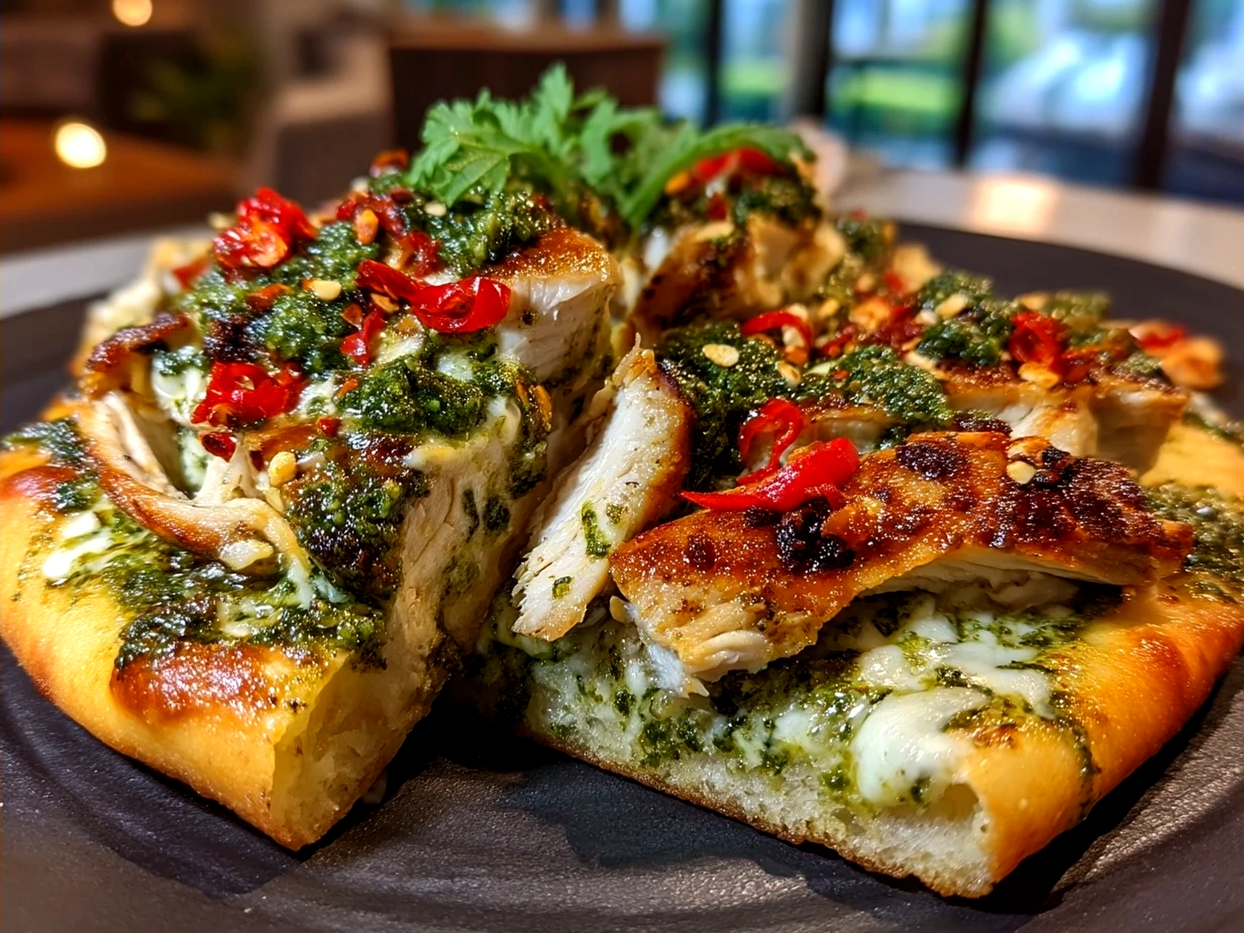 Pesto Chicken Flatbread sliced on a wooden board with fresh basil leaves ready to serve