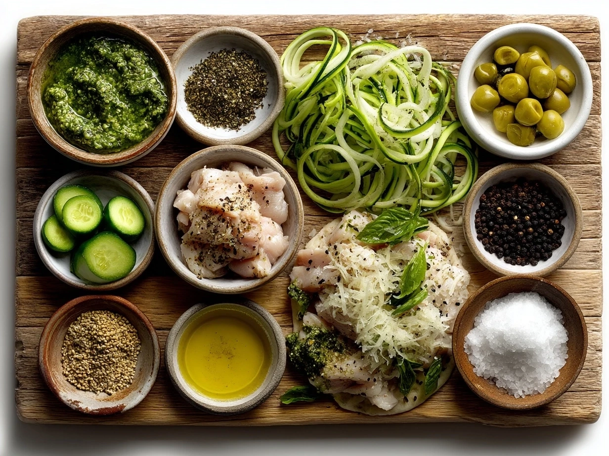 Ingredients for Pesto Chicken Flatbread including flatbread, chicken, mozzarella, pesto, tomatoes, Parmesan, and olive oil