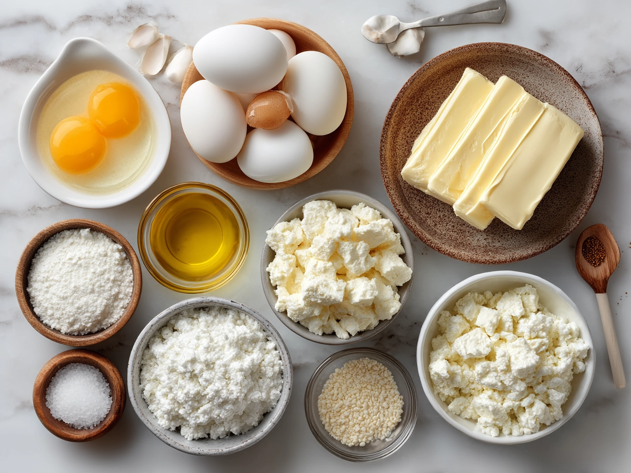 Raw ingredients for Cottage Cheese Egg Bites including eggs, cottage cheese, cheddar cheese, fresh chives, and spices