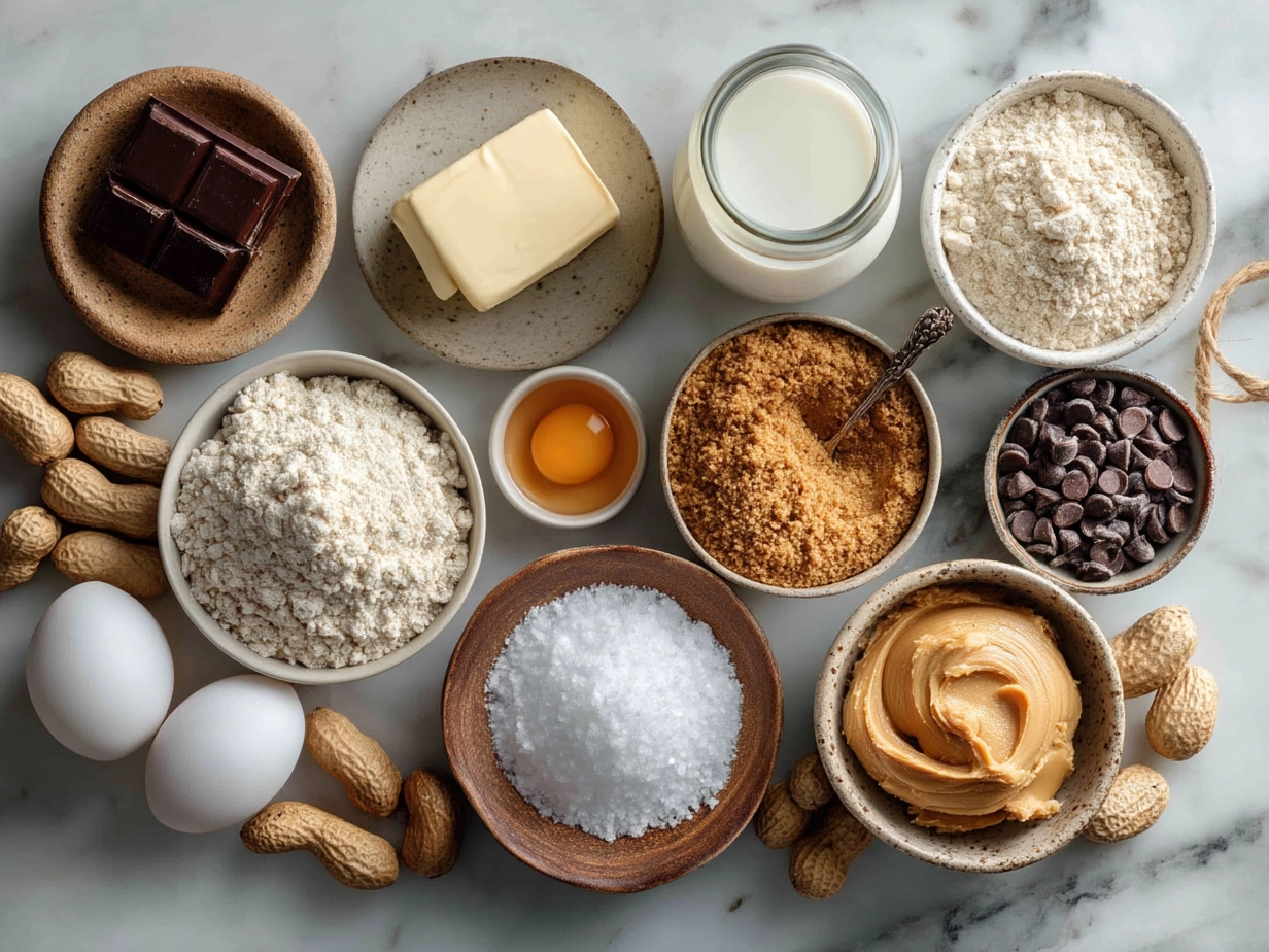 Raw ingredients for peanut butter cookies laid out on a marble surface