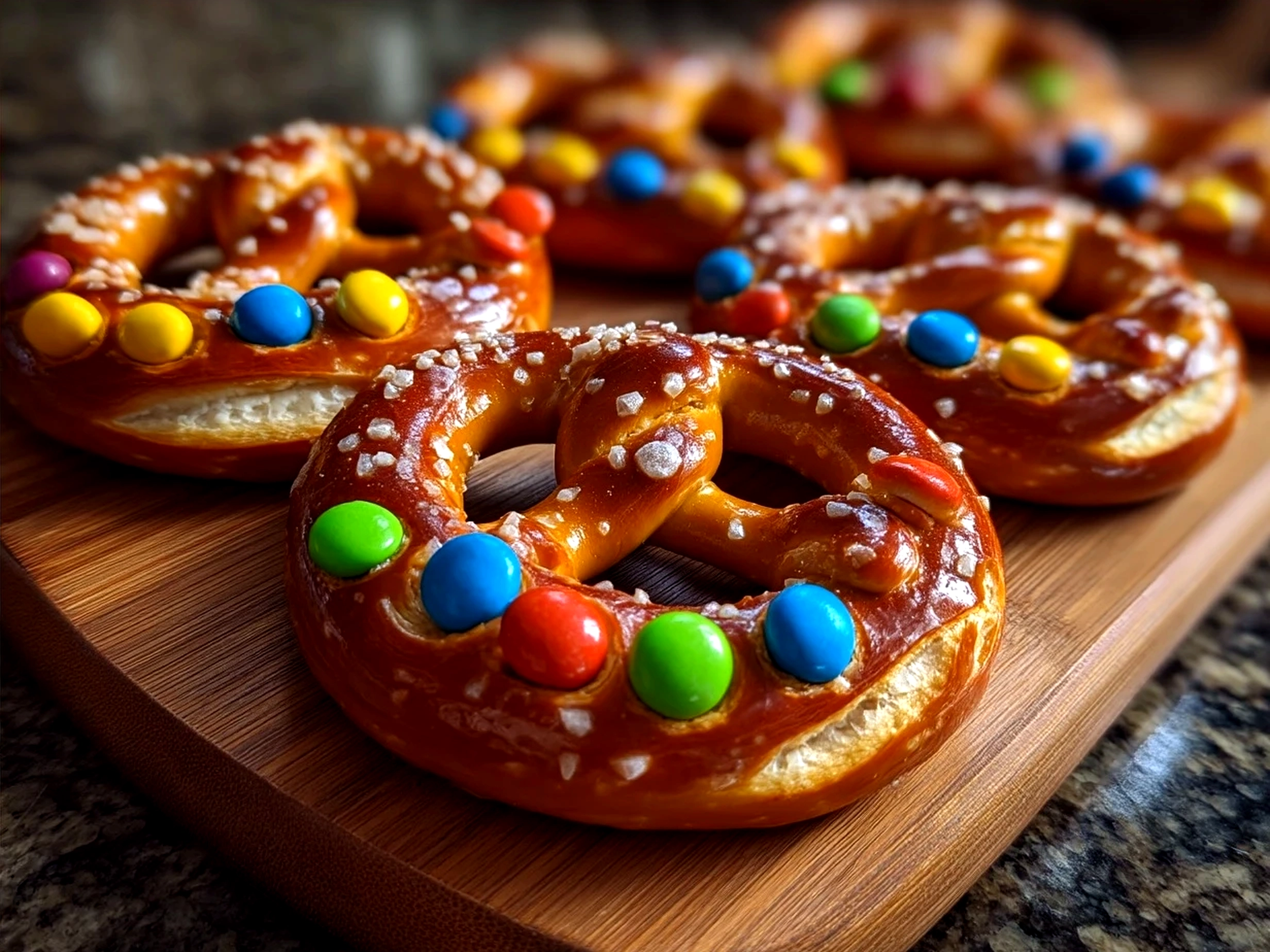 Serving platter of finished Rolo Pretzels with mm candies, showing a colorful and inviting snack