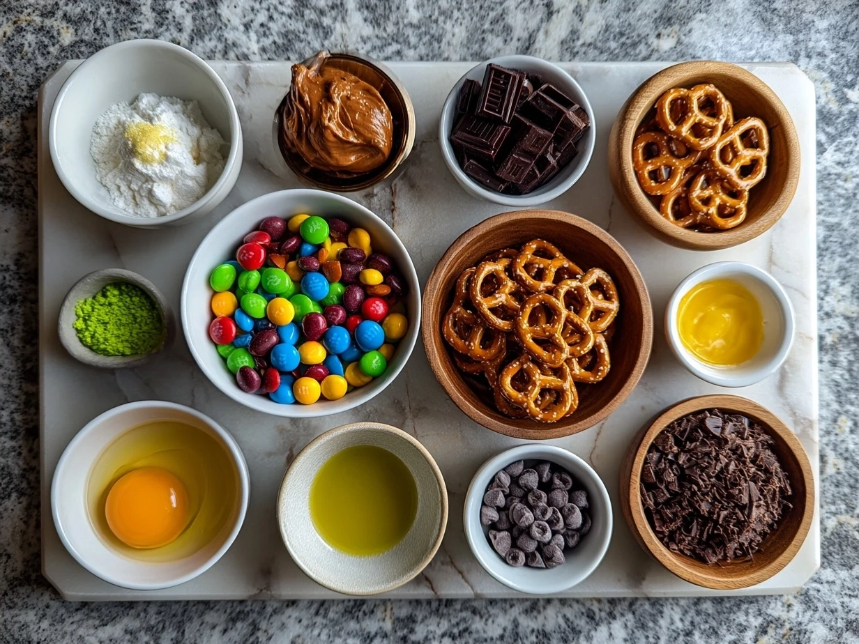 Ingredients for Rolo Pretzels with mm candies including mini pretzels, Rolos, and M&M candies