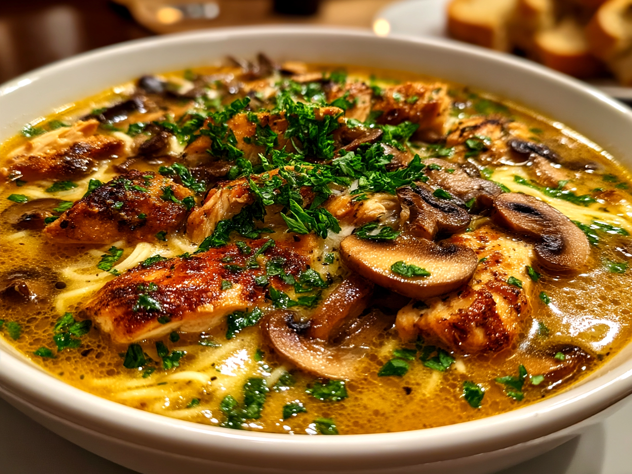 Bowl of rotisserie chicken and mushroom soup garnished with parsley