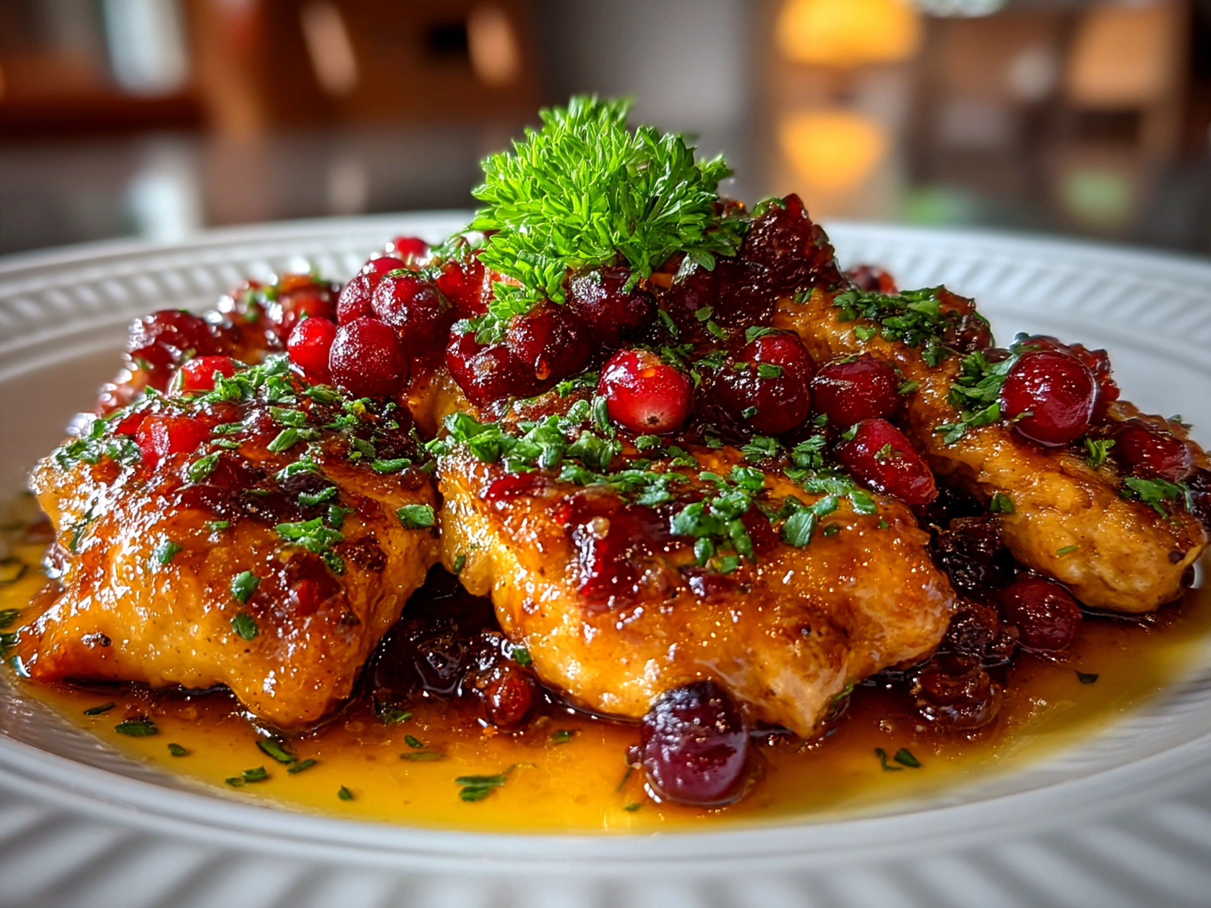 Plated Skillet Cranberry Orange Chicken served with garnished sides
