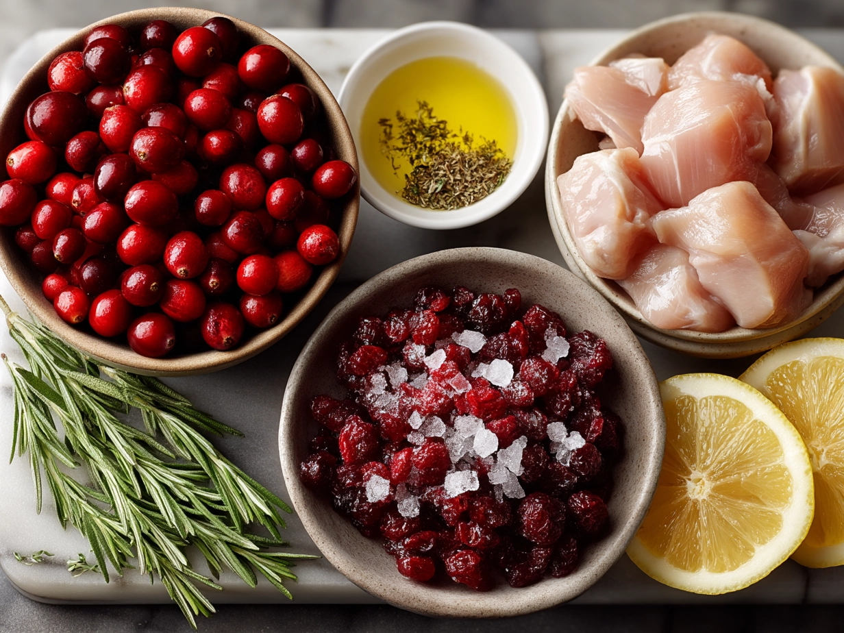 Fresh ingredients for Skillet Cranberry Orange Chicken including chicken breasts, cranberries, orange, honey, and spices