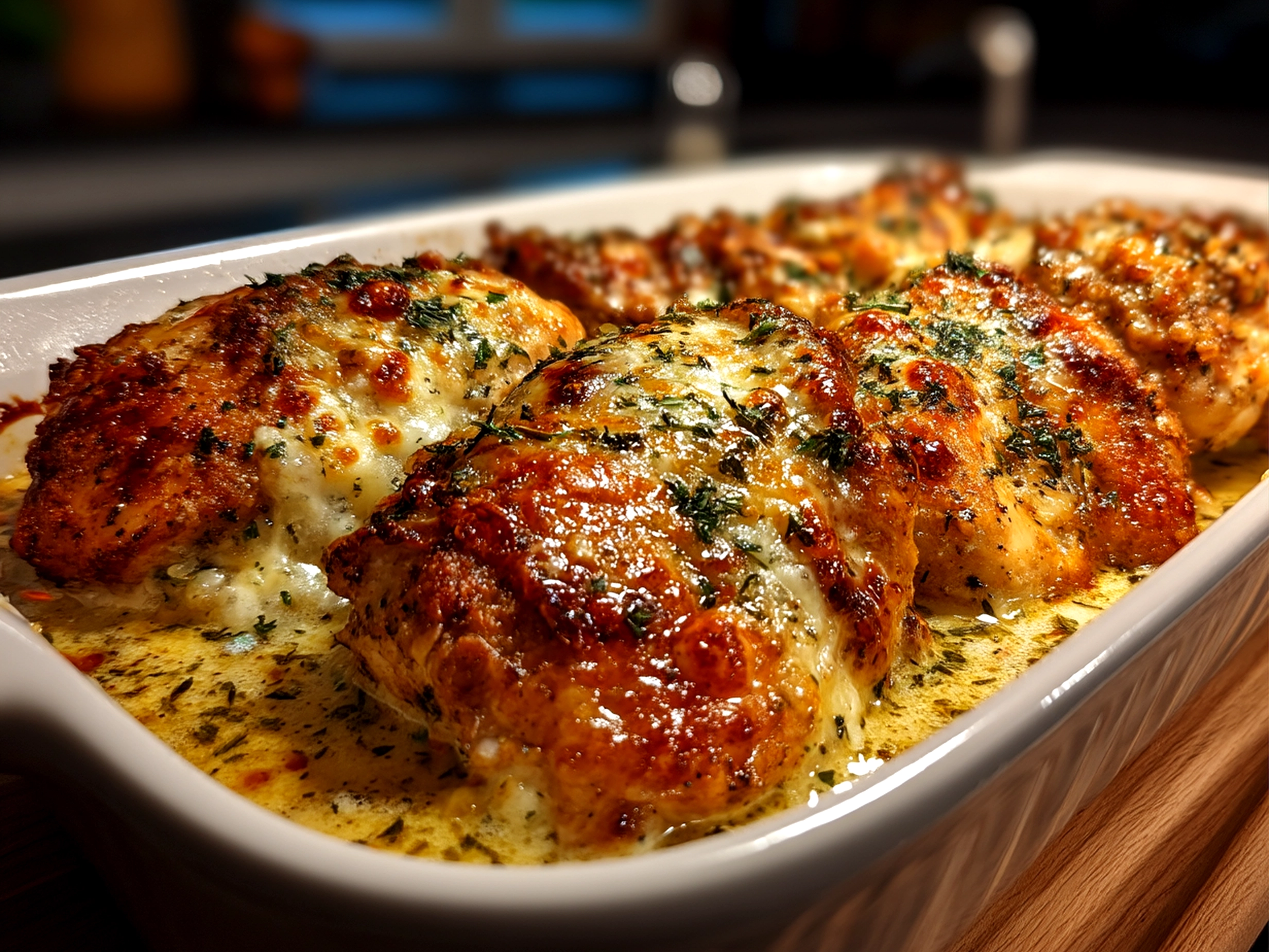 Close-up view of finished Baked Caesar Chicken with creamy Parmesan Sauce plated and ready to serve