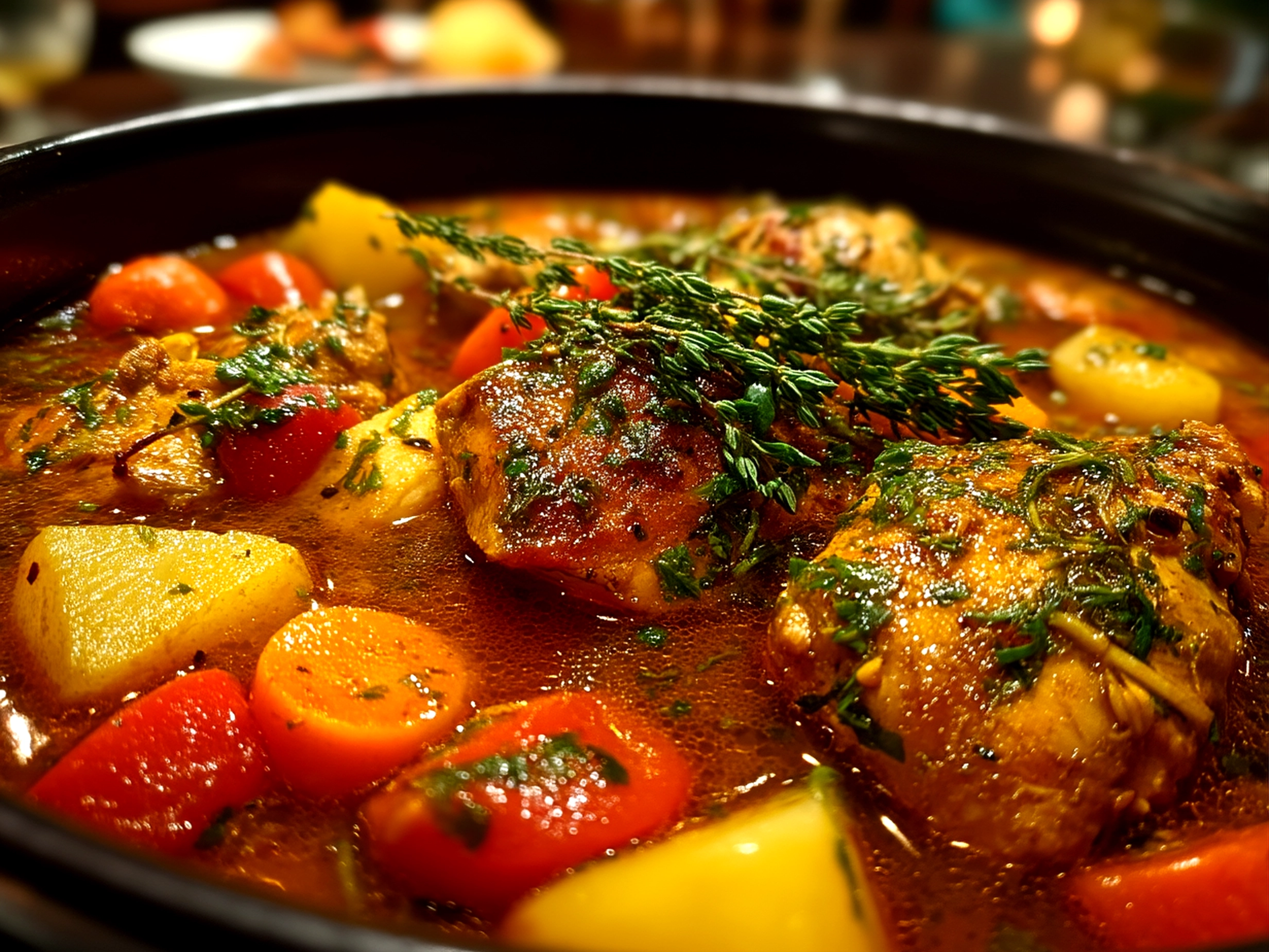 Slight angle close up of finished, beautiful chicken stew