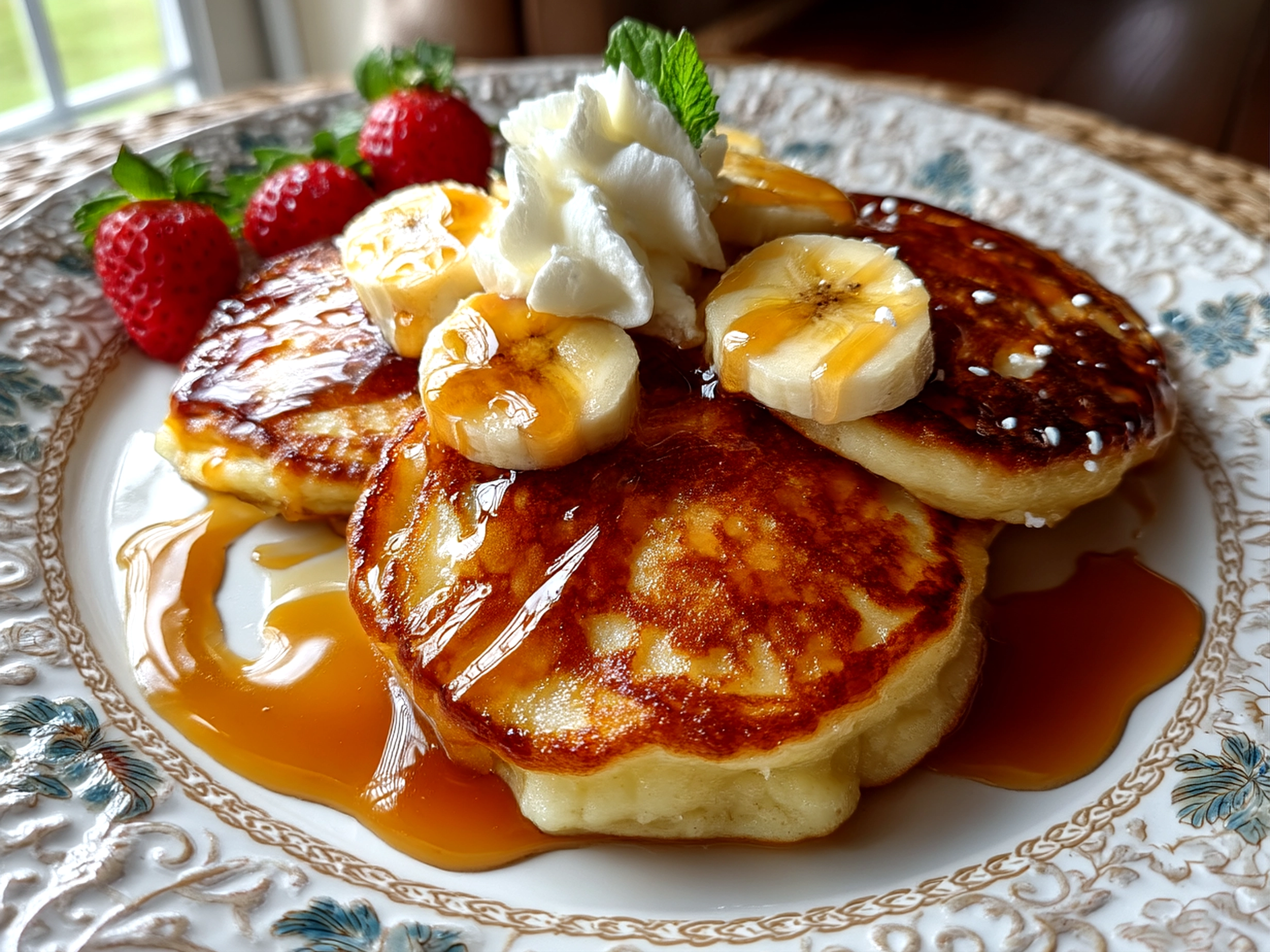 Close-up of finished sourdough banana pancakes stacked with fresh fruit and syrup
