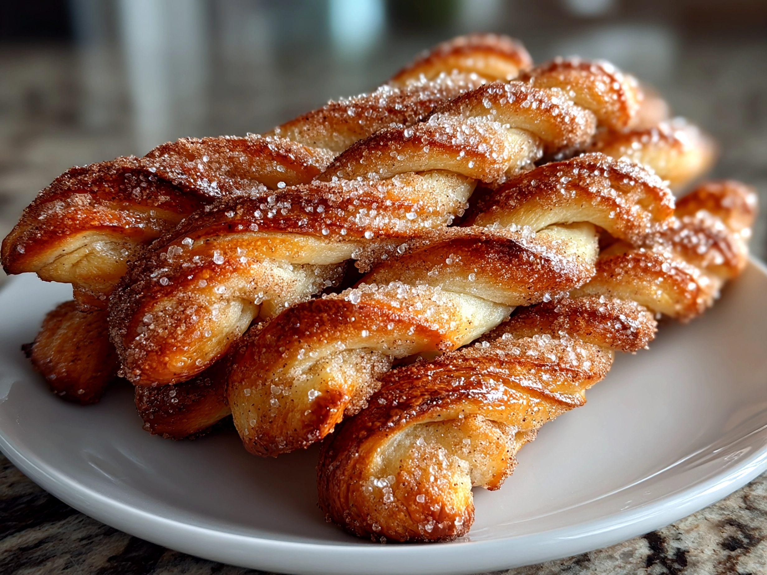 Finished Sourdough Discard Cinnamon Sugar Twists displayed on a platter
