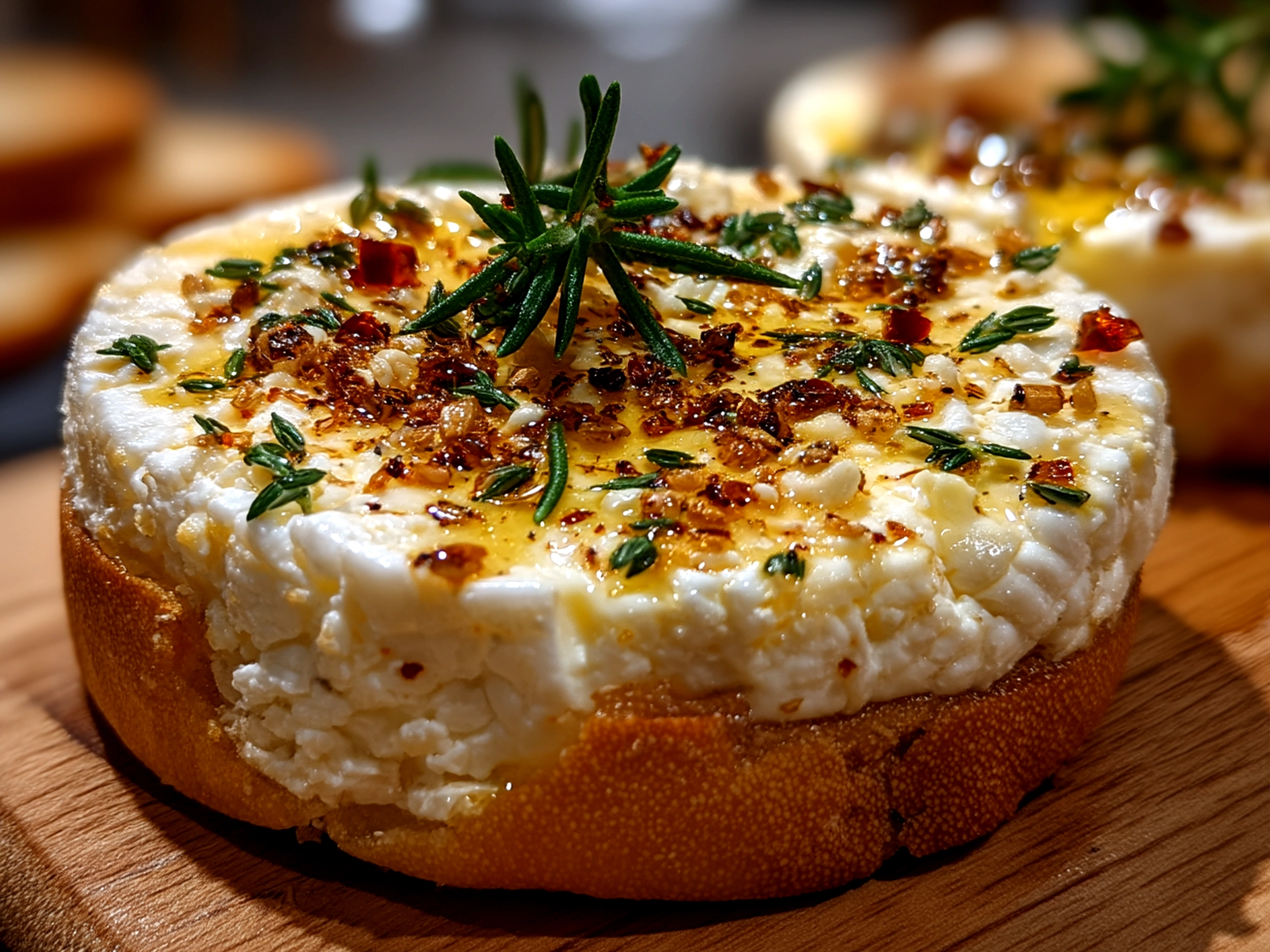 Slight angle close-up of finished Boursin Cheese with fresh herbs
