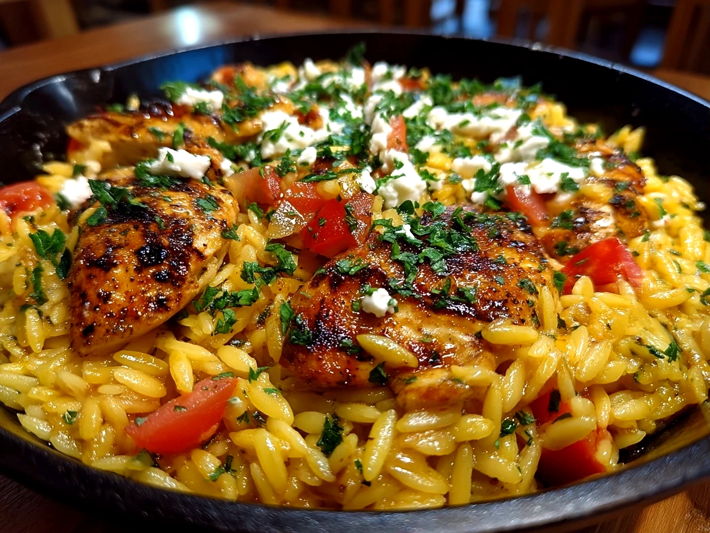 Slight angle close up of finished Chicken Orzo Skillet with chicken thighs, orzo pasta, tomatoes, and parsley garnish
