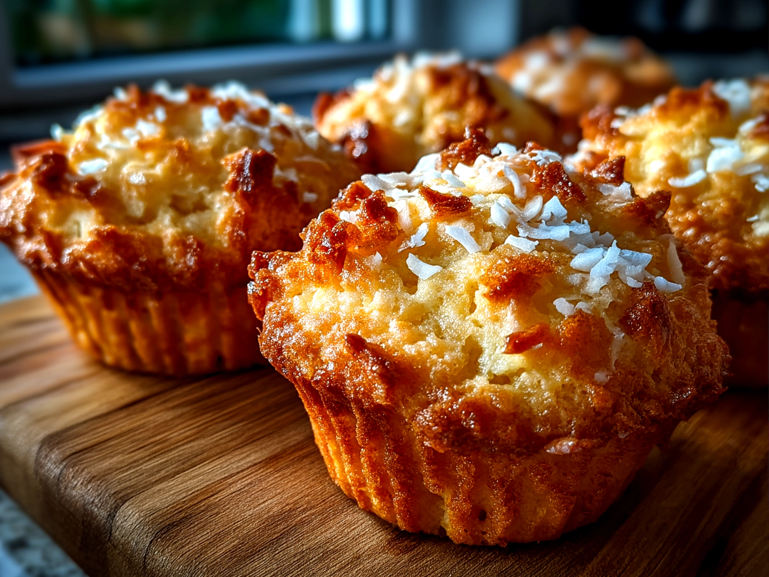 Slight angle close-up of finished Coconut and Pineapple Cottage Cheese Muffins with glossy surface