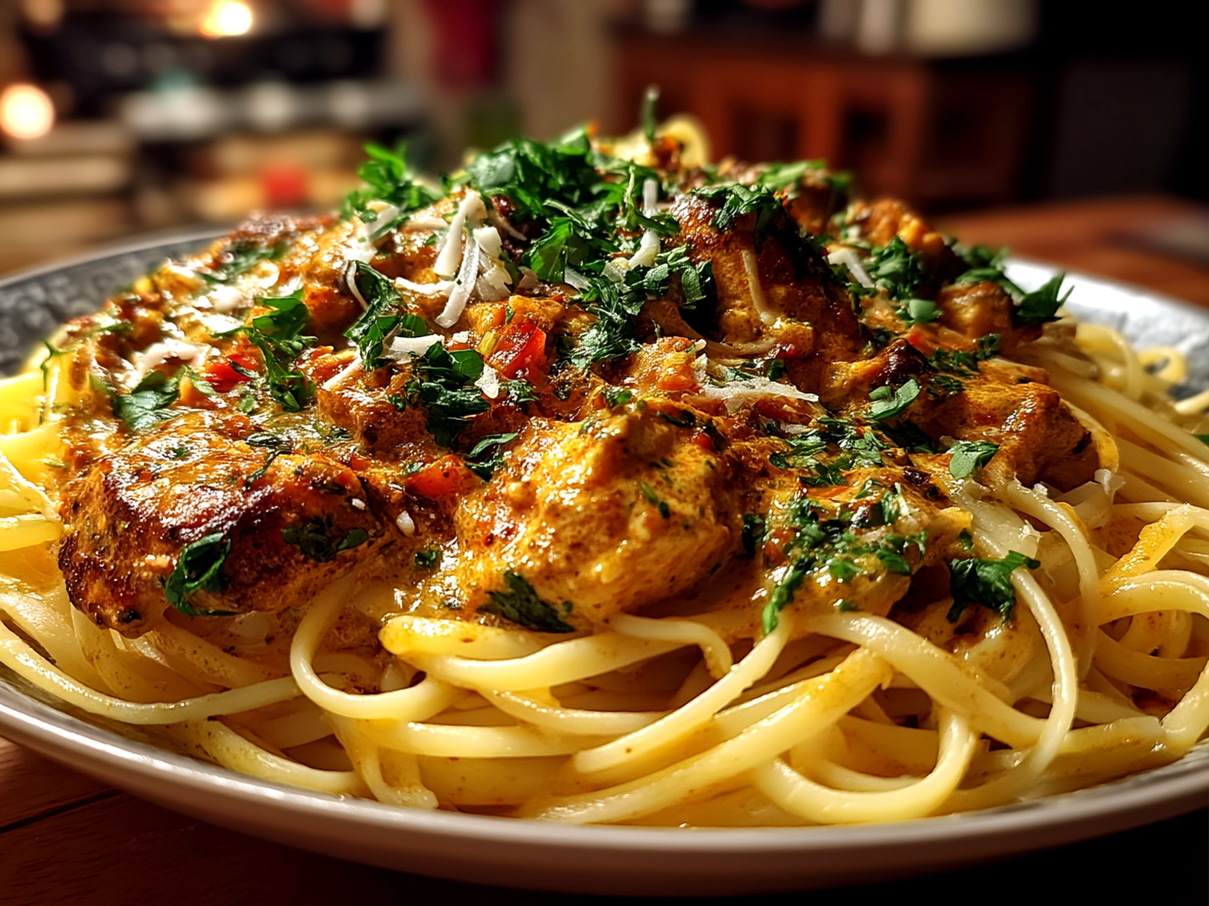 Slight angle close-up of finished comforting butter chicken linguine served in a bowl
