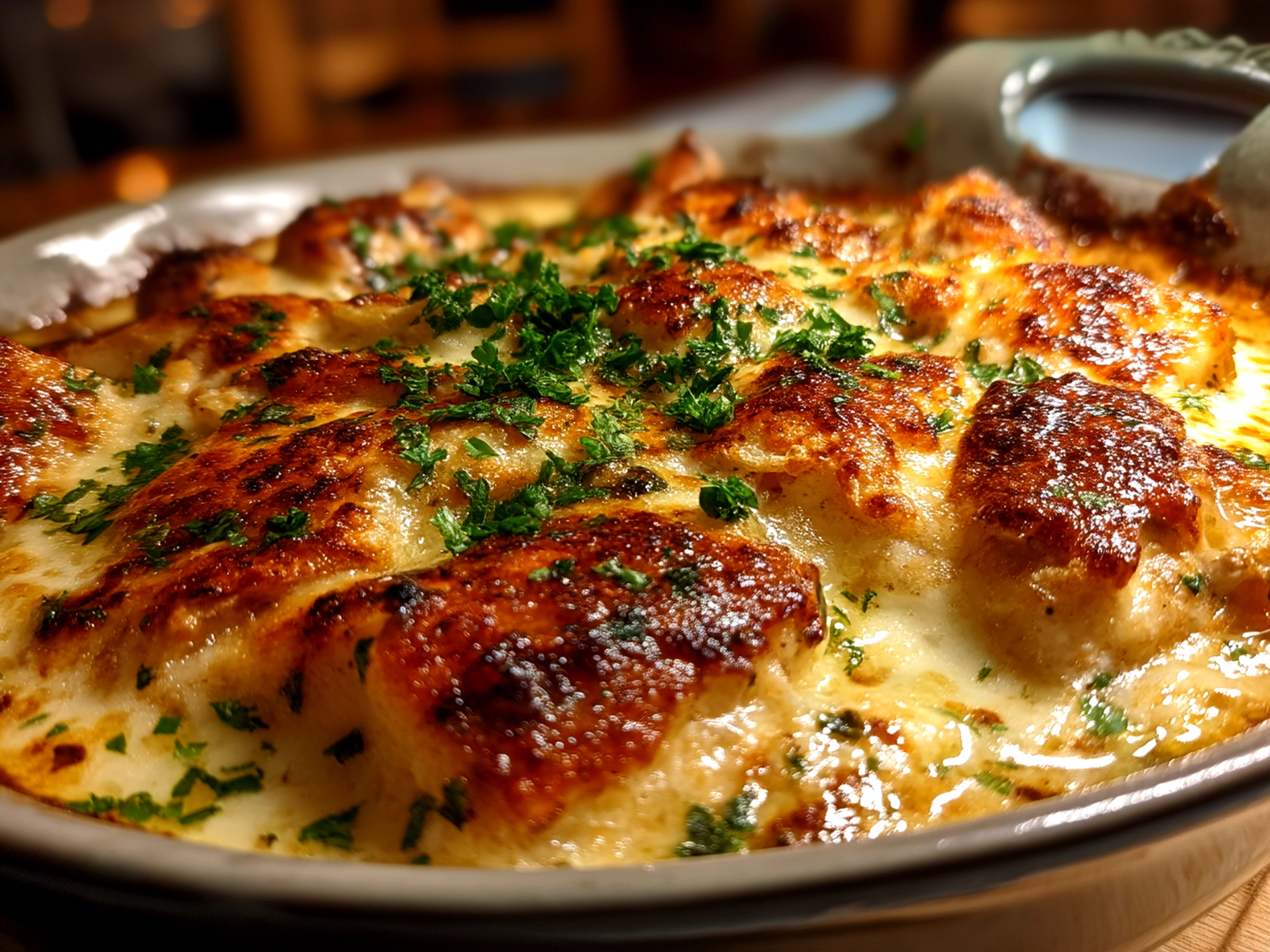 Slight angle close-up of a finished comforting bowl of Chicken Alfredo Lasagna Soup