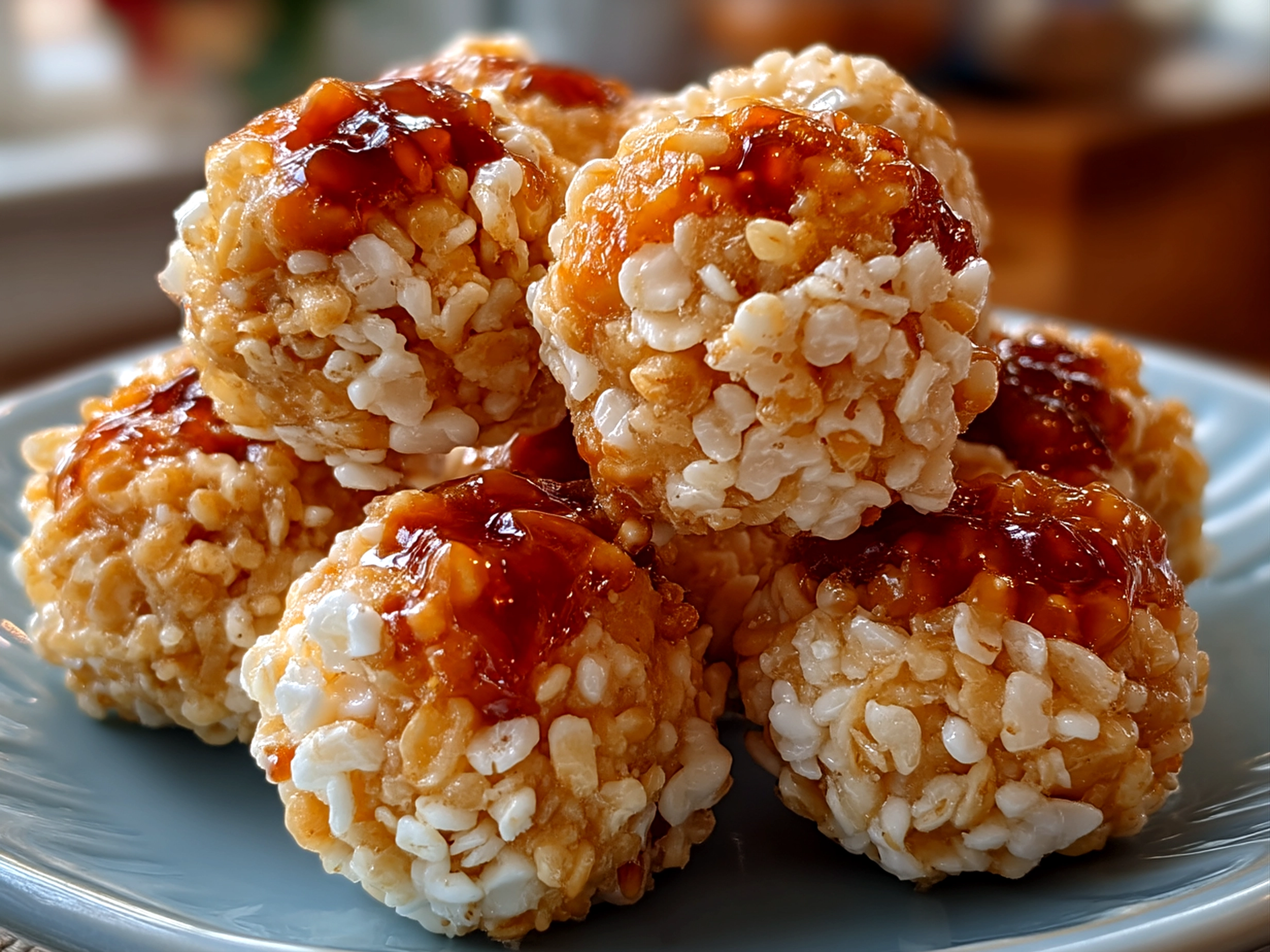 Slight angle close-up of finished comforting Peanut Butter Balls with Rice Krispies arranged on a plate