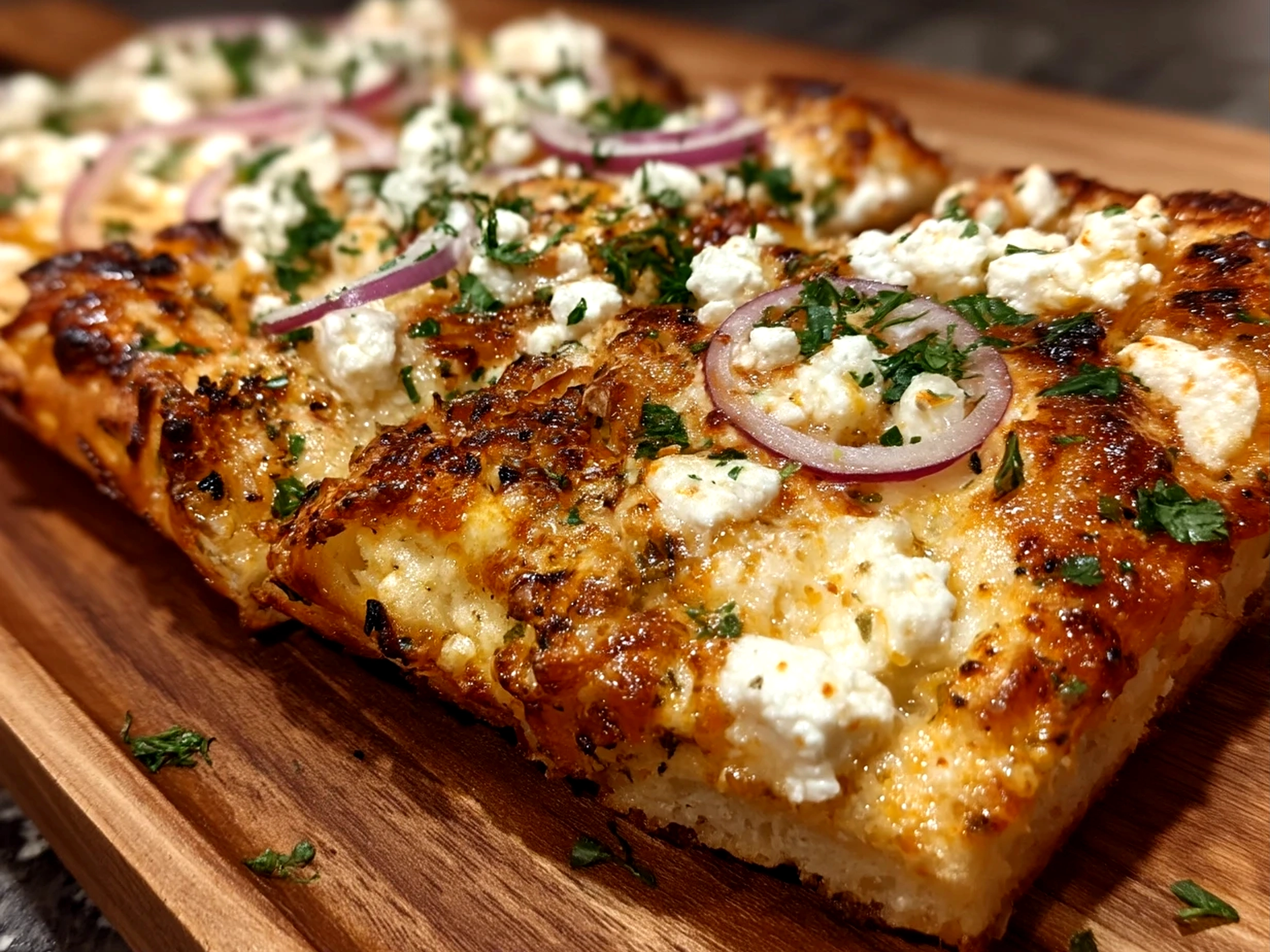 Close-up of finished cottage cheese flatbread pizza with warm, appetizing finish