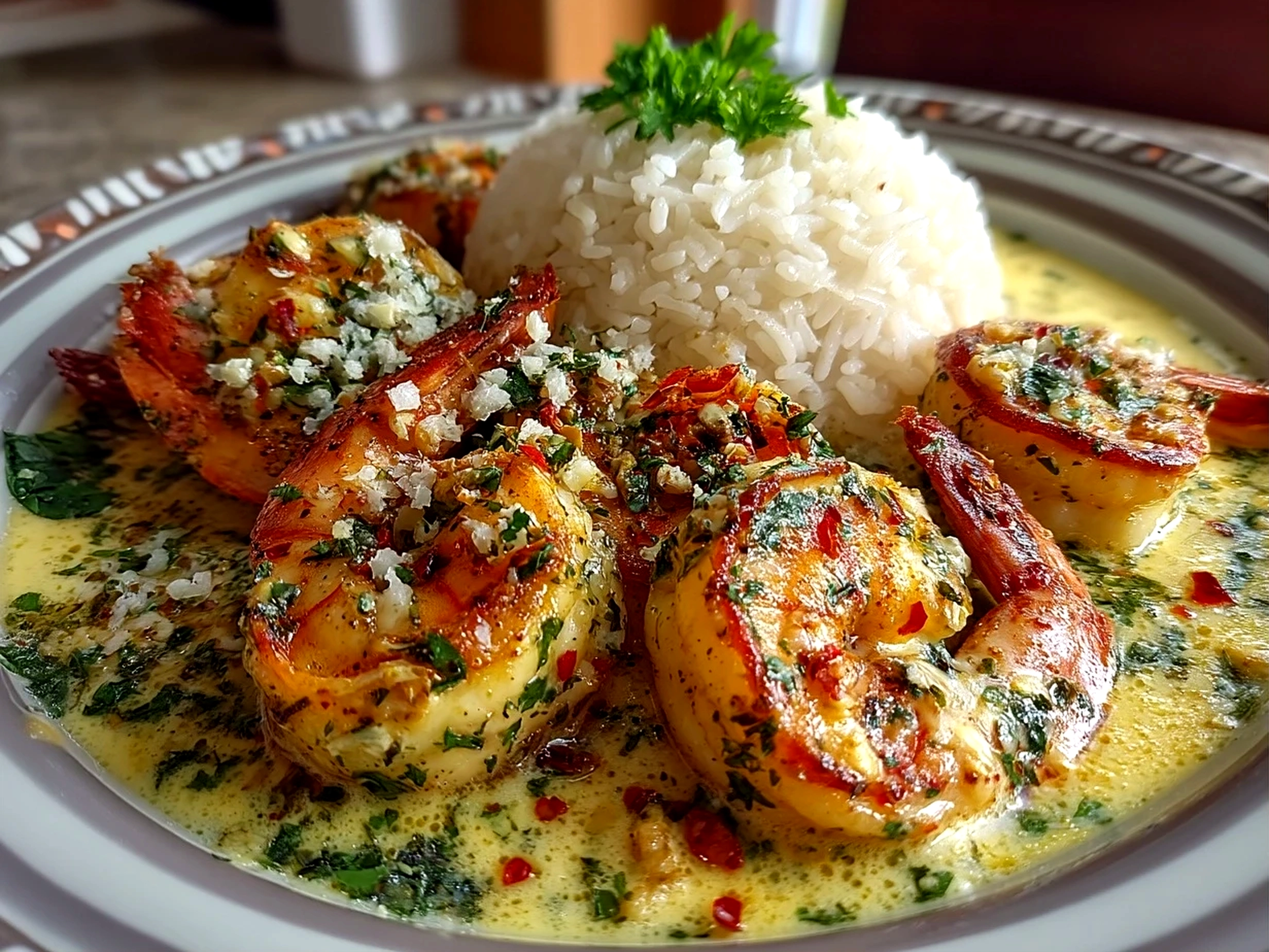 Close-up of finished creamy garlic butter shrimp served