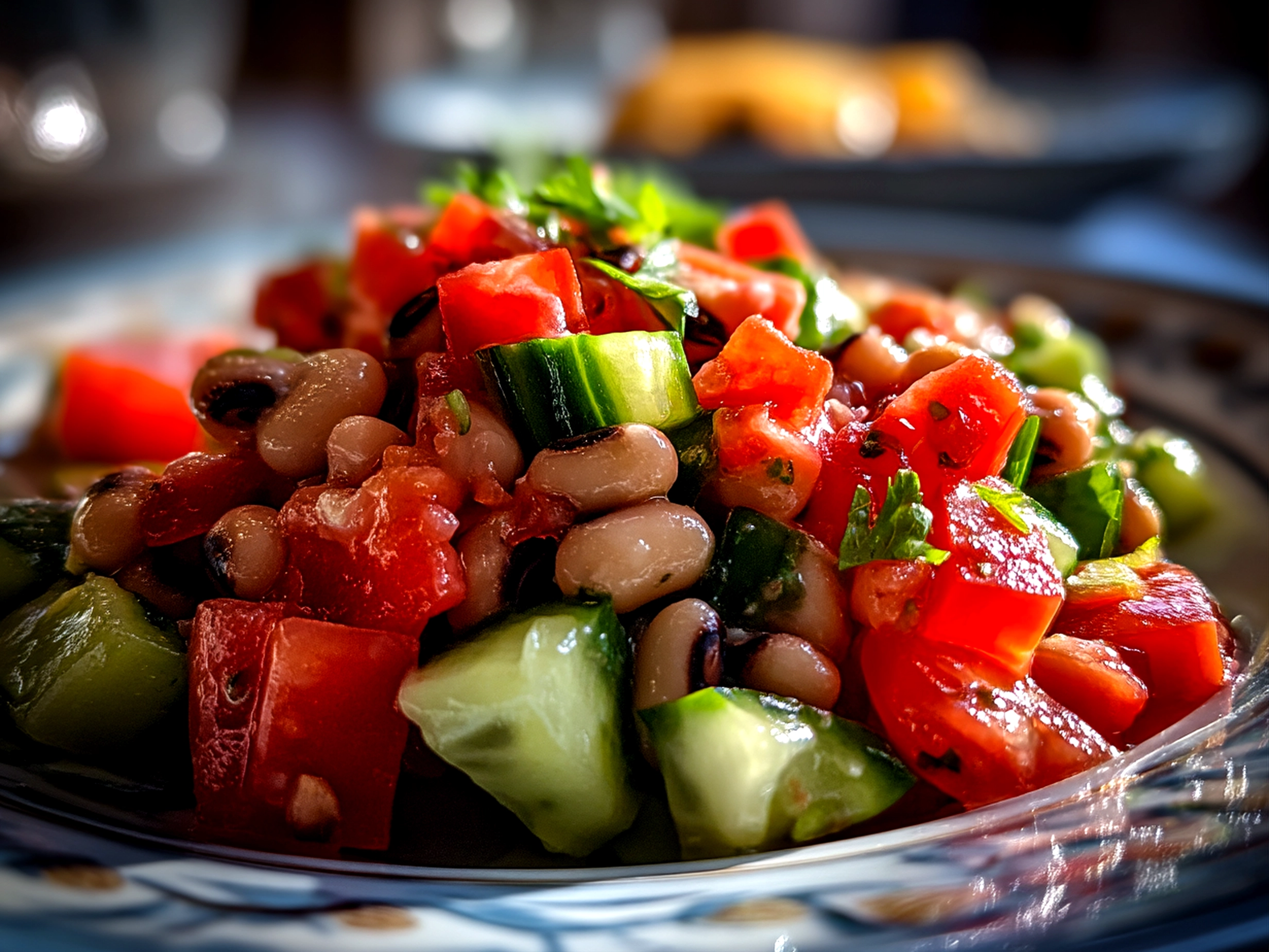 Close-up shot of a freshly prepared Olive Salad with Black Eyed Peas showing olives, black eyed peas, and herbs