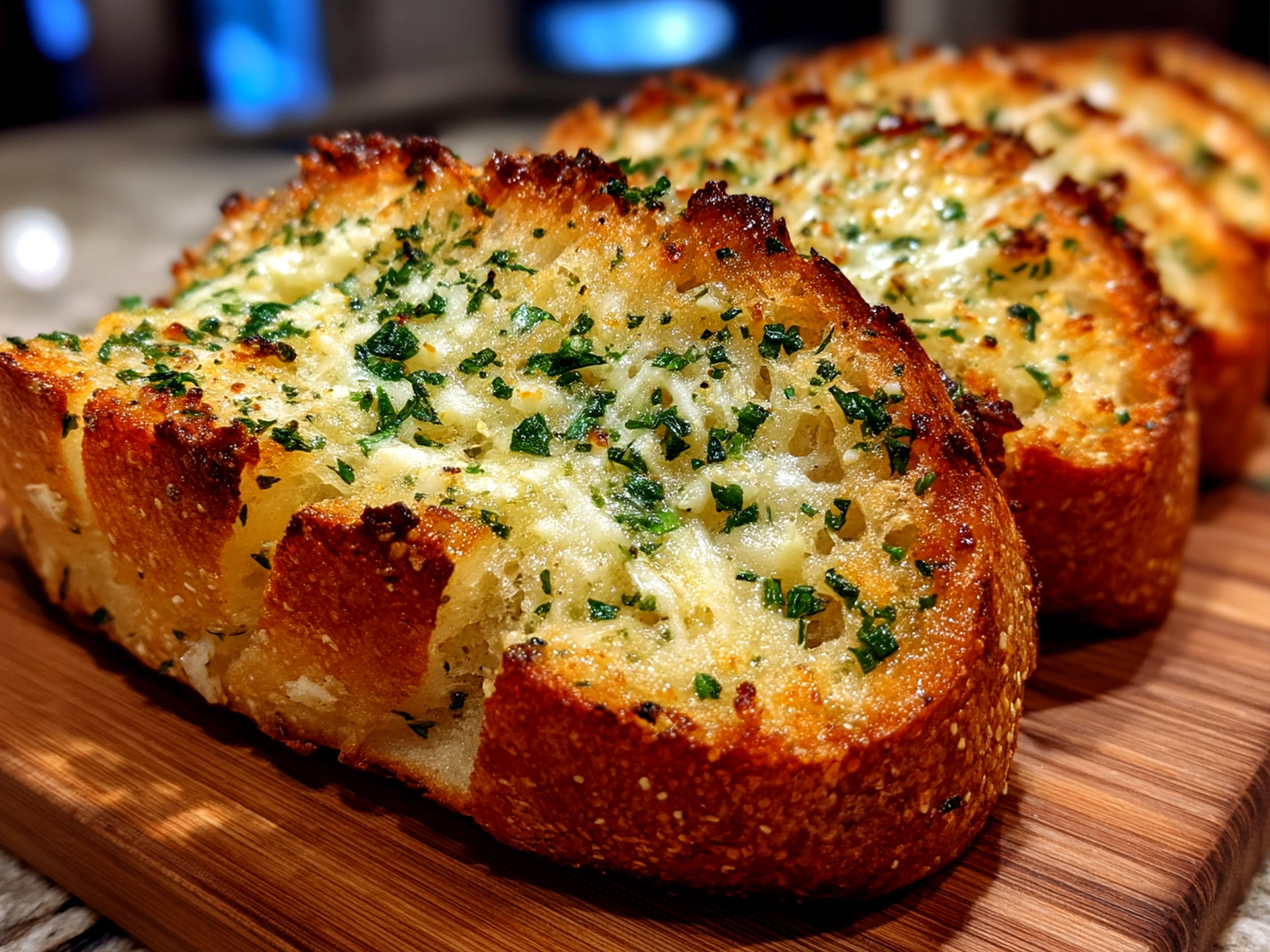 Close-up of finished garlic bread with herbs and cheese