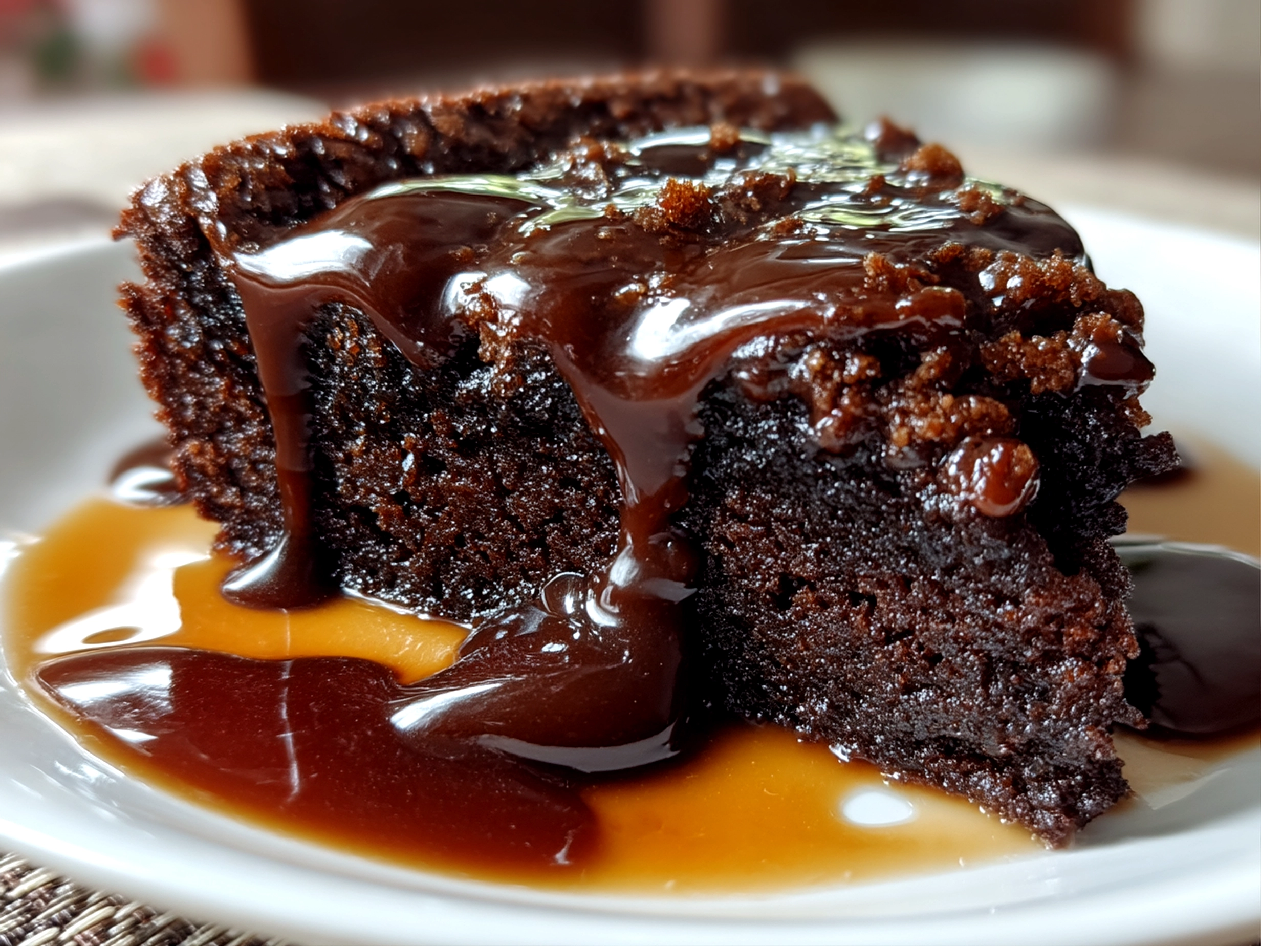 Close-up of deliciously finished gooey chocolate cake with a melted center