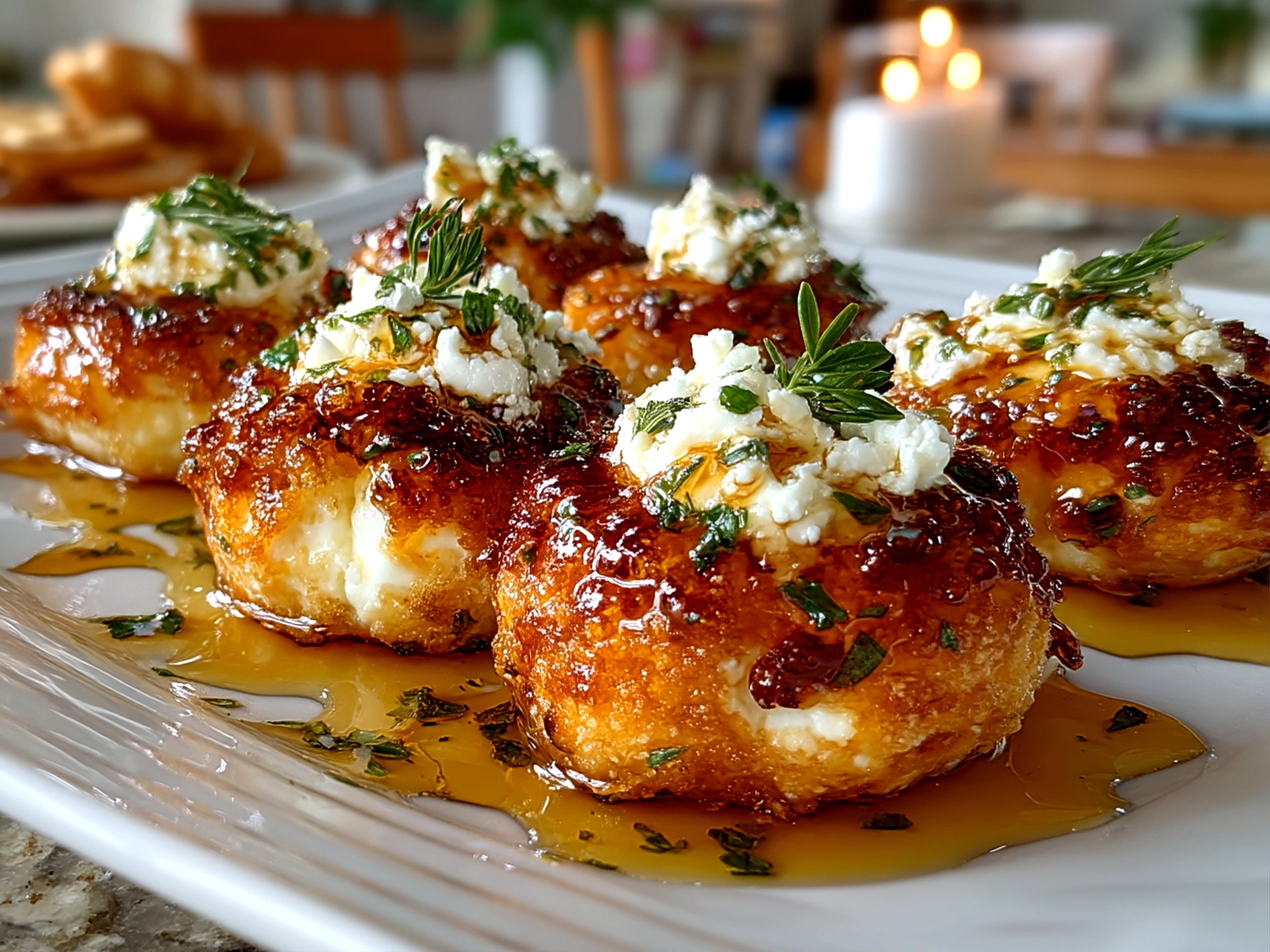 Close-up of finished Honey-Drizzled Goat Cheese Bites on a serving platter