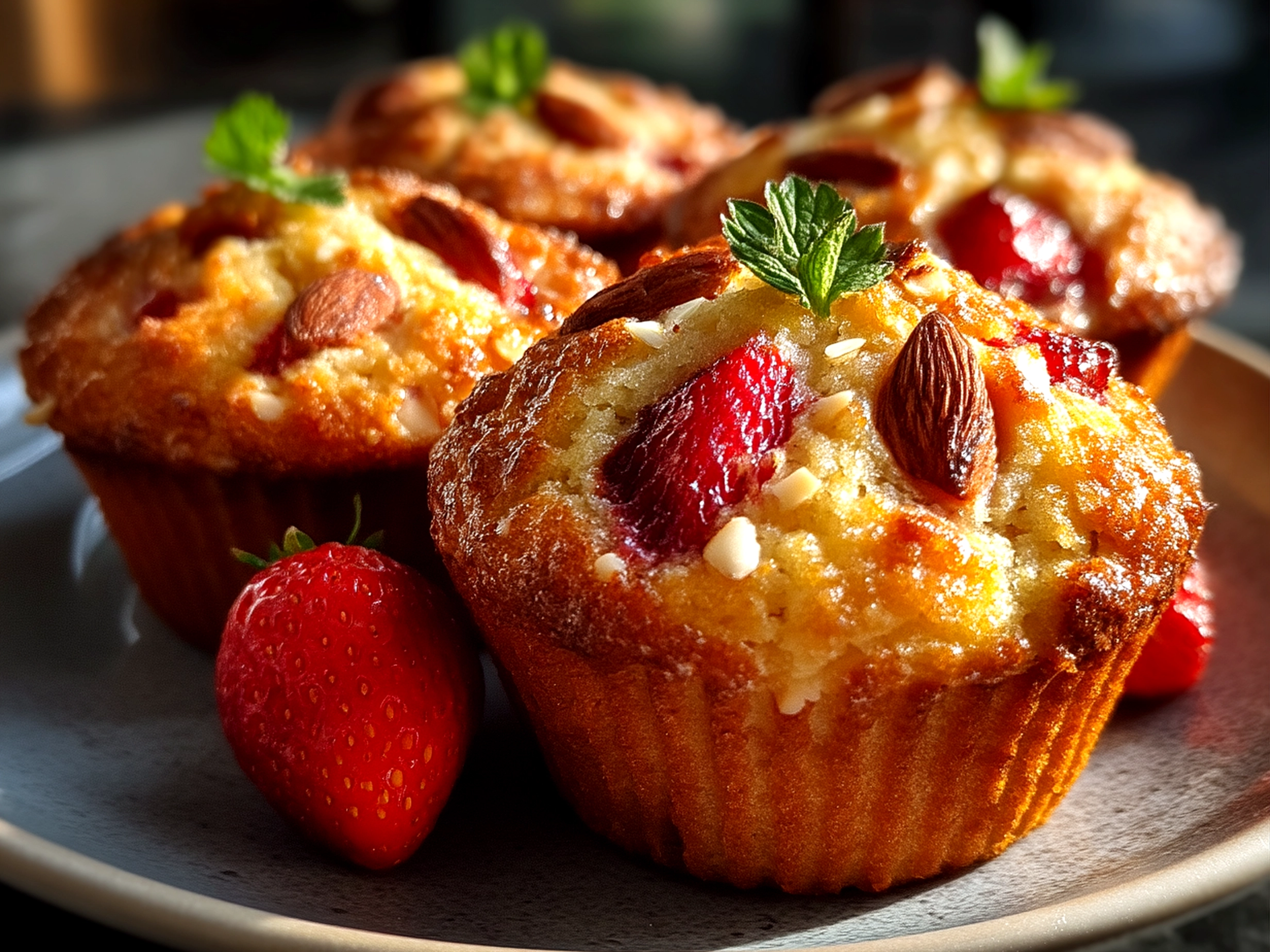 Close up of finished Keto Strawberry Muffins with Almond Flour