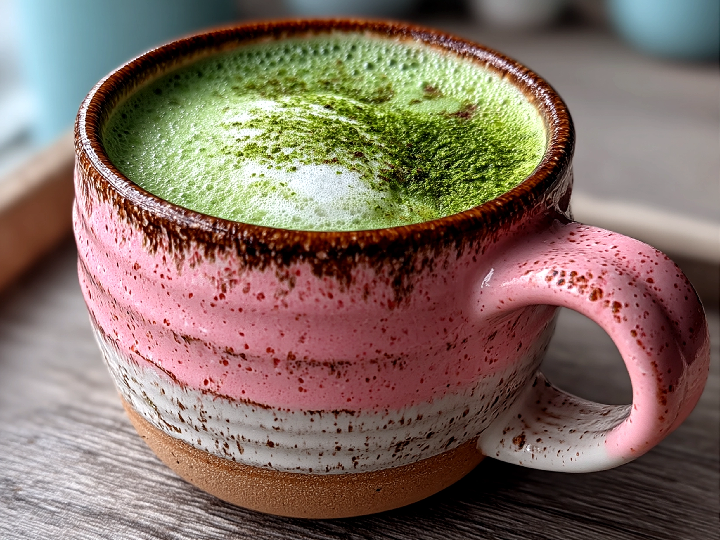 Slight angle close-up of finished strawberry matcha latte