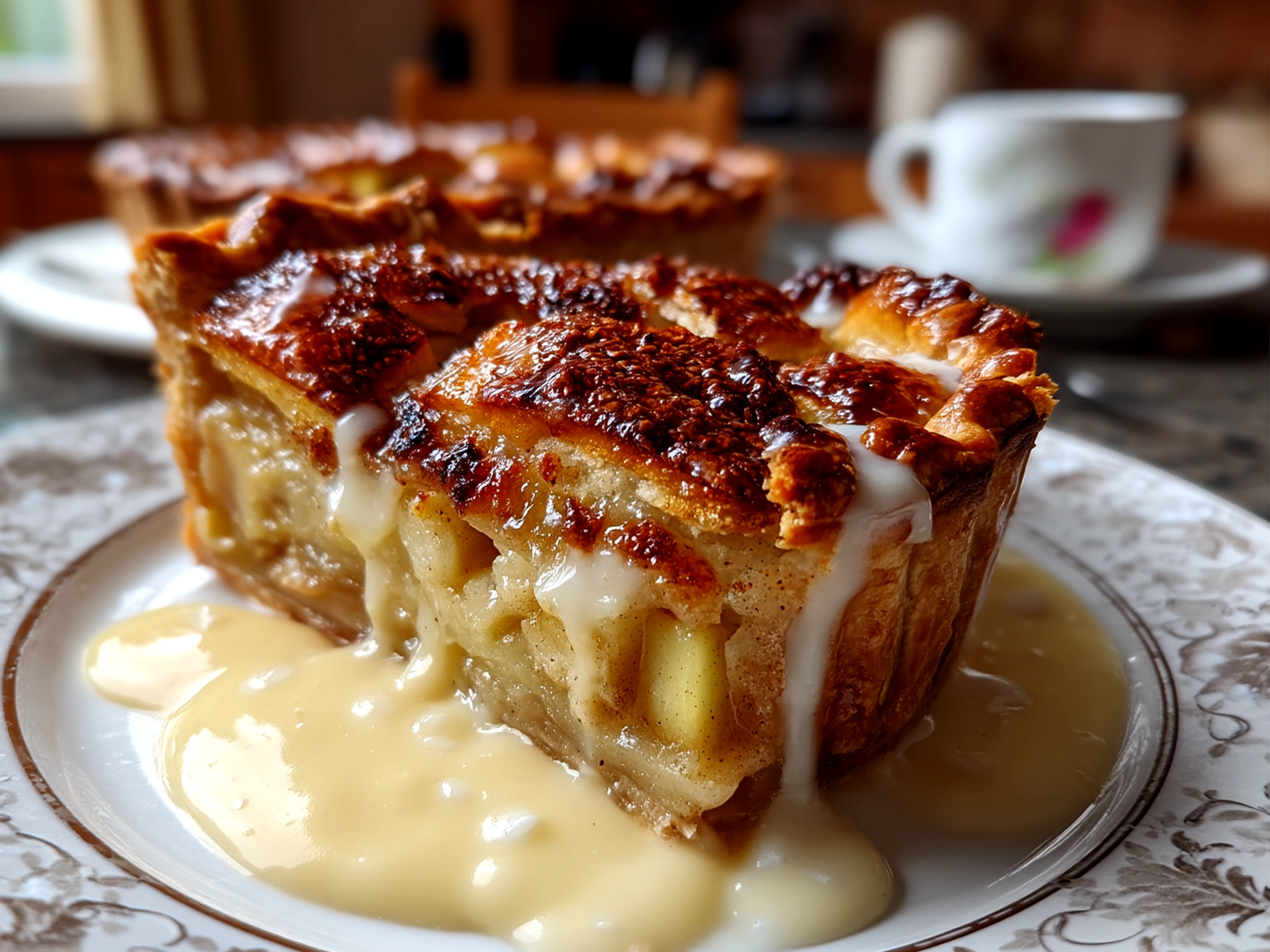 Close-up of finished Toffee Apple Pie with creamy custard topping