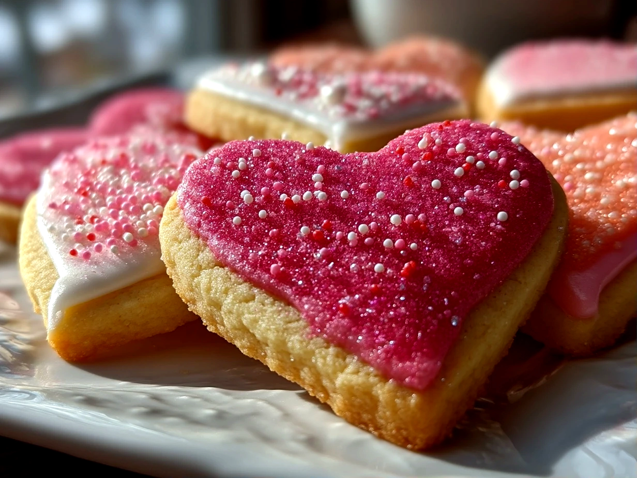 Slight angle close-up of finished Valentines Day Sugar Cookies