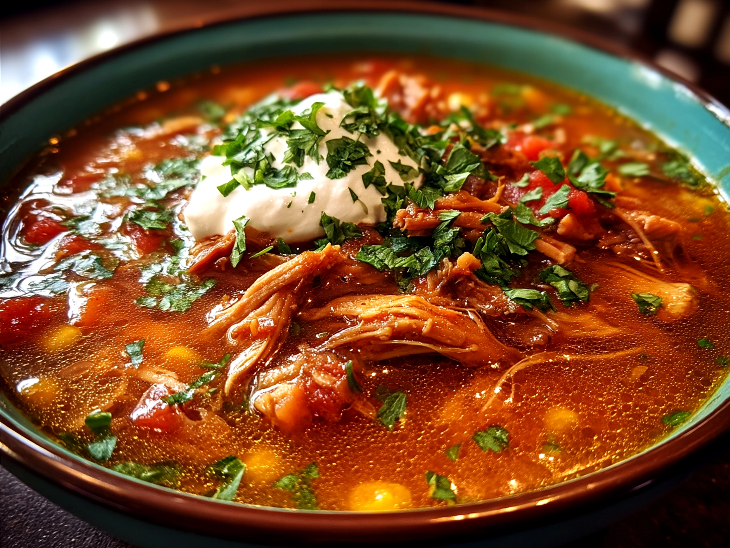 Served bowl of Slow Cooker Chicken Posole with garnishes