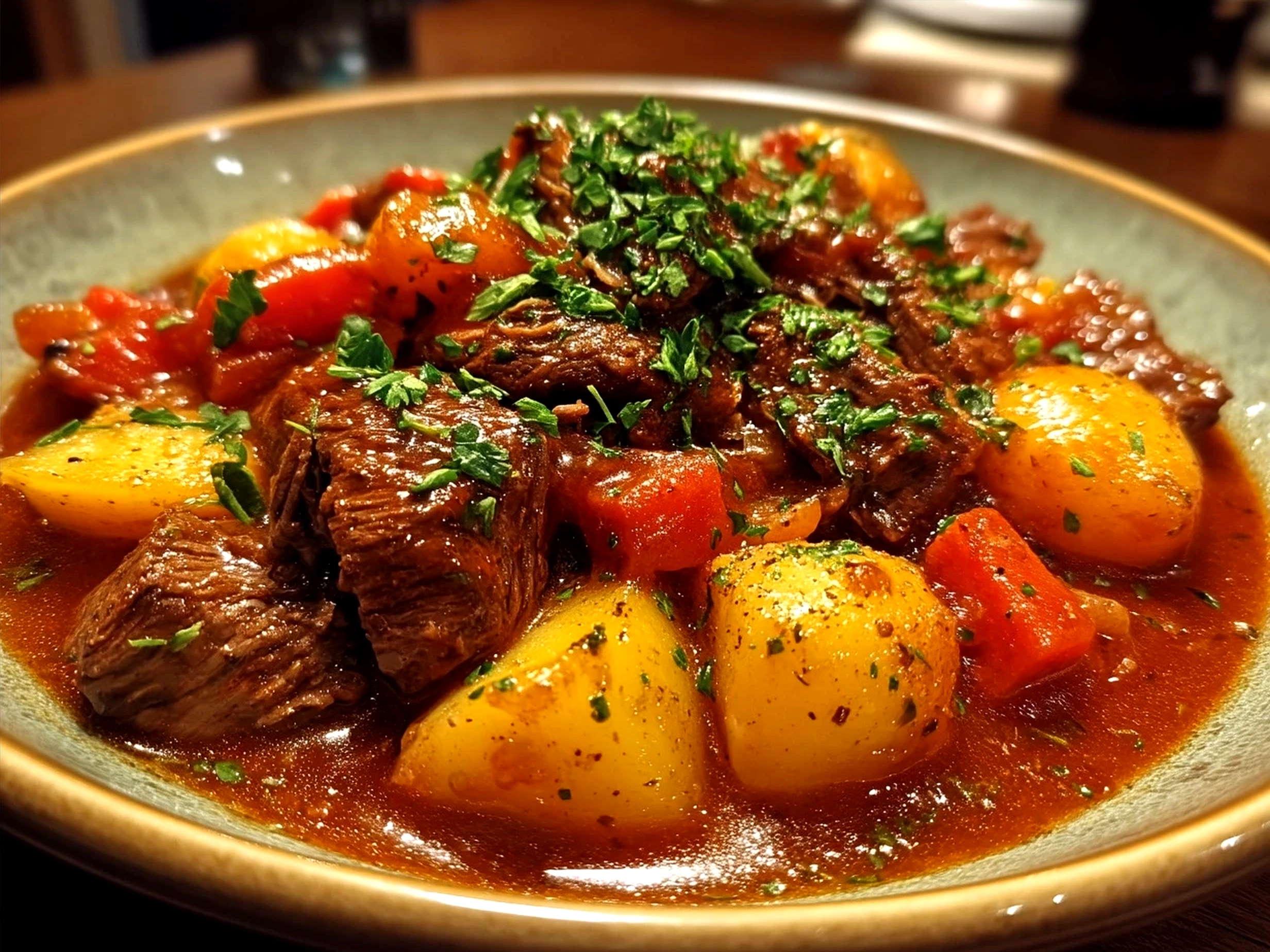 Slow Cooker Goulash served with garnish and sides