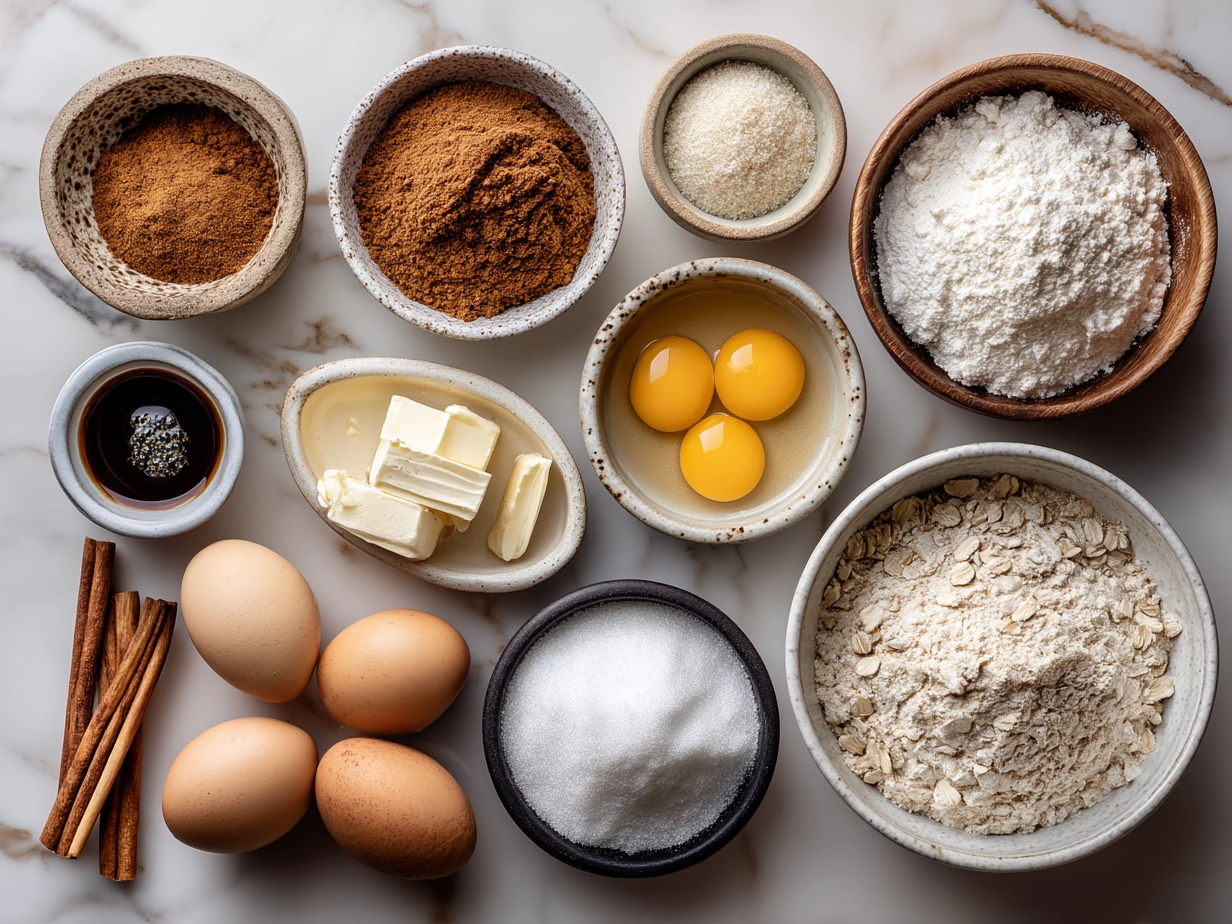Ingredients for Snickerdoodle Banana Bread including ripe bananas, cinnamon, sugar, eggs, flour, and butter